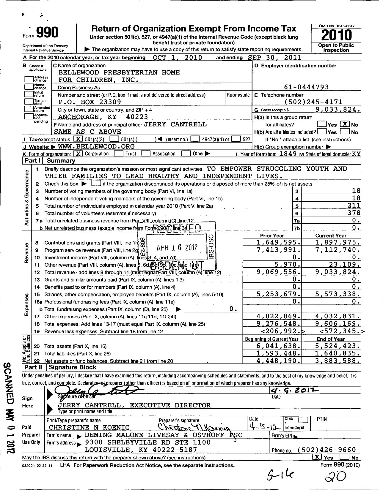 Image of first page of 2010 Form 990 for Bellewood Presbyterian Home for Children