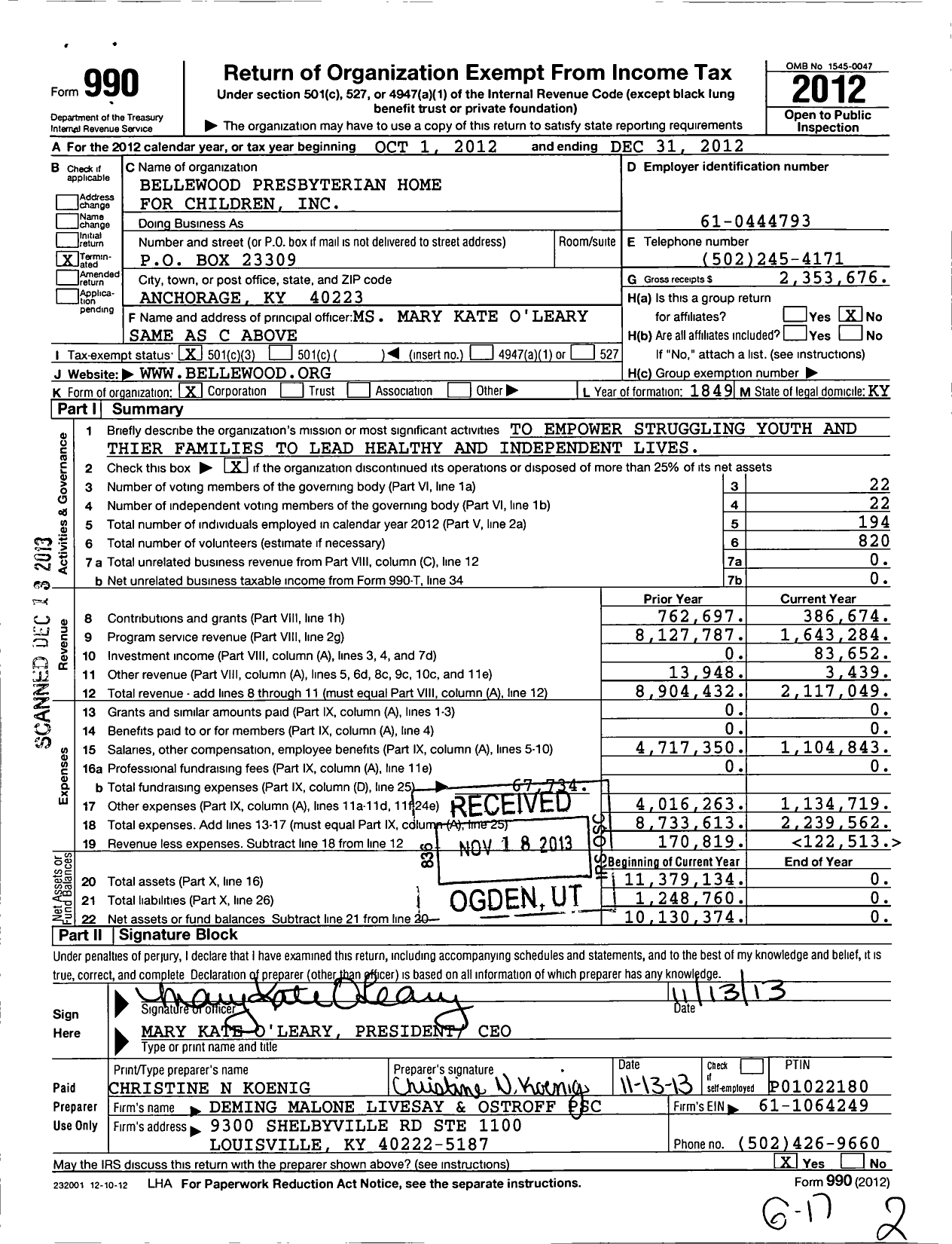 Image of first page of 2012 Form 990 for Bellewood Presbyterian Home for Children