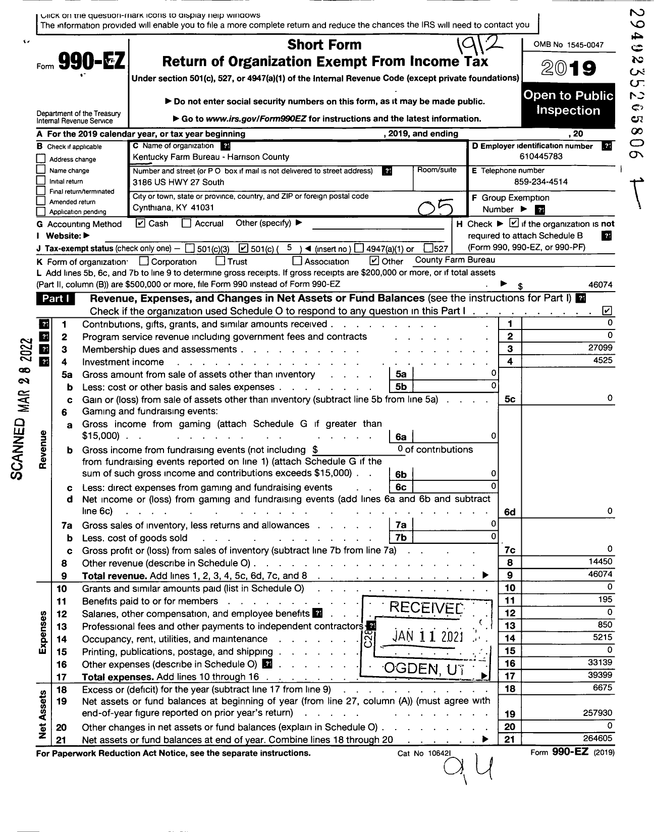 Image of first page of 2019 Form 990EO for Kentucky Farm Bureau Federation - Harrison County Farm Bureau