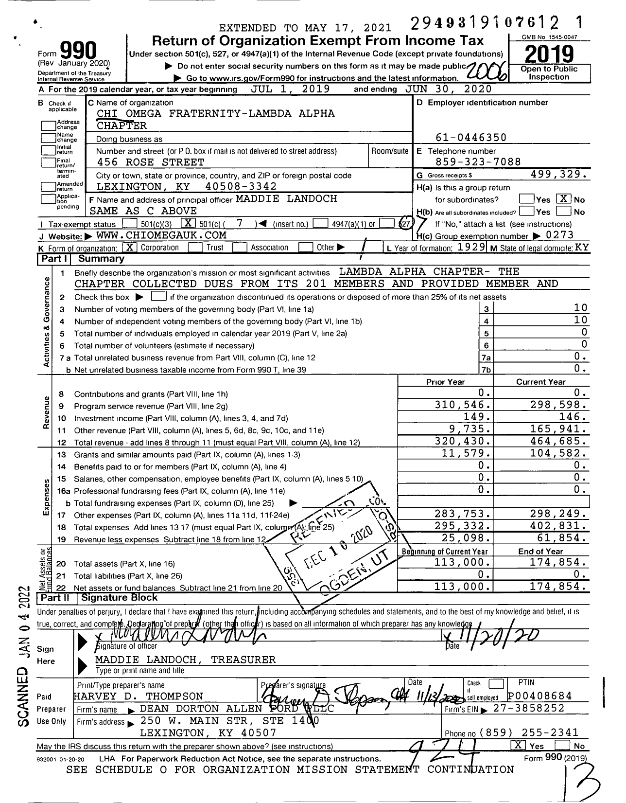 Image of first page of 2019 Form 990O for Chi Omega Fraternity - Lambda Alpha Chapter