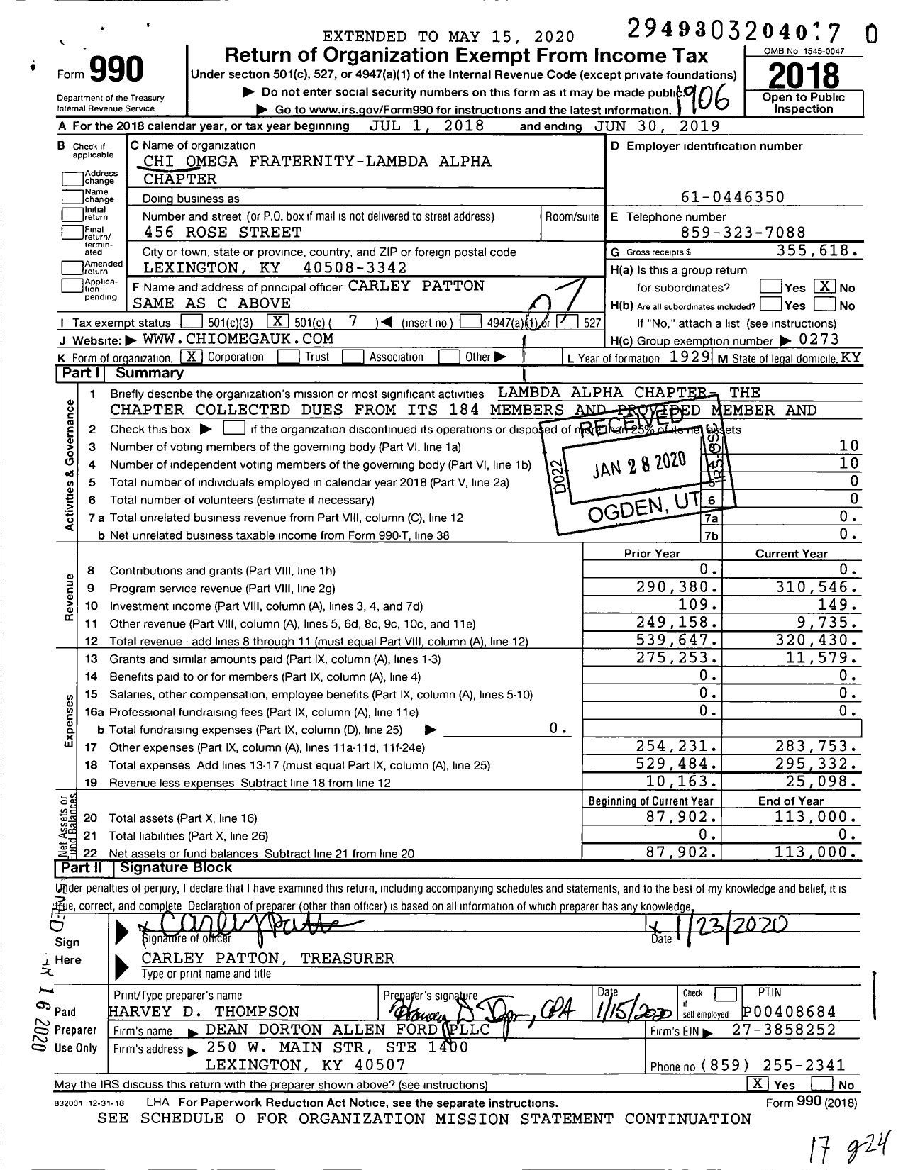 Image of first page of 2018 Form 990O for Chi Omega Fraternity - Lambda Alpha Chapter