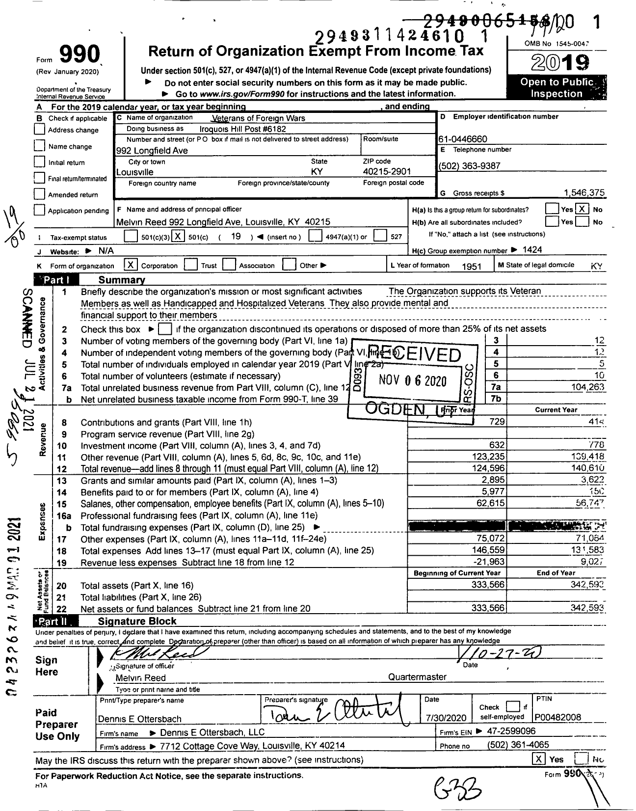 Image of first page of 2019 Form 990O for Veterans of Foreign Wars Dept of Kentucky - Iroquois Hill Post No 6182