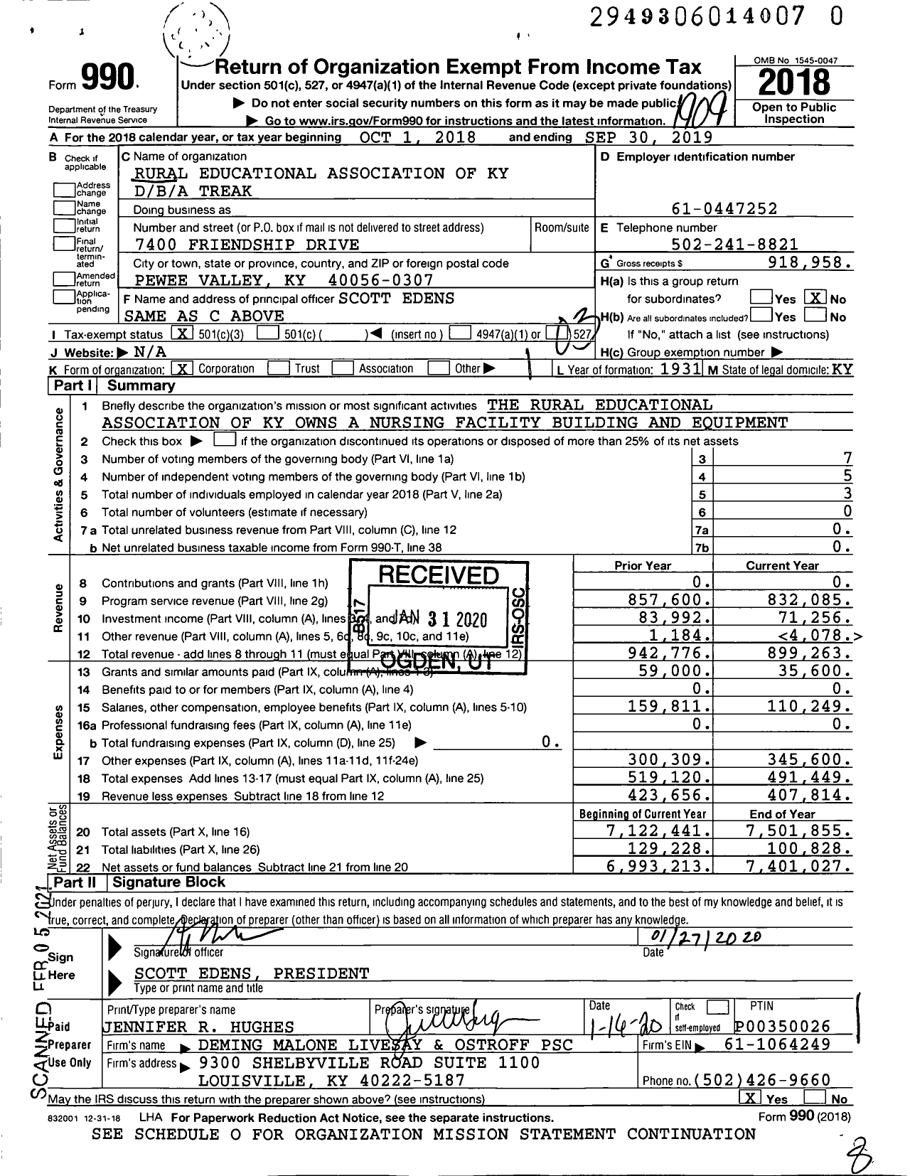 Image of first page of 2018 Form 990 for Trek / Friendship Manor Nursing Home