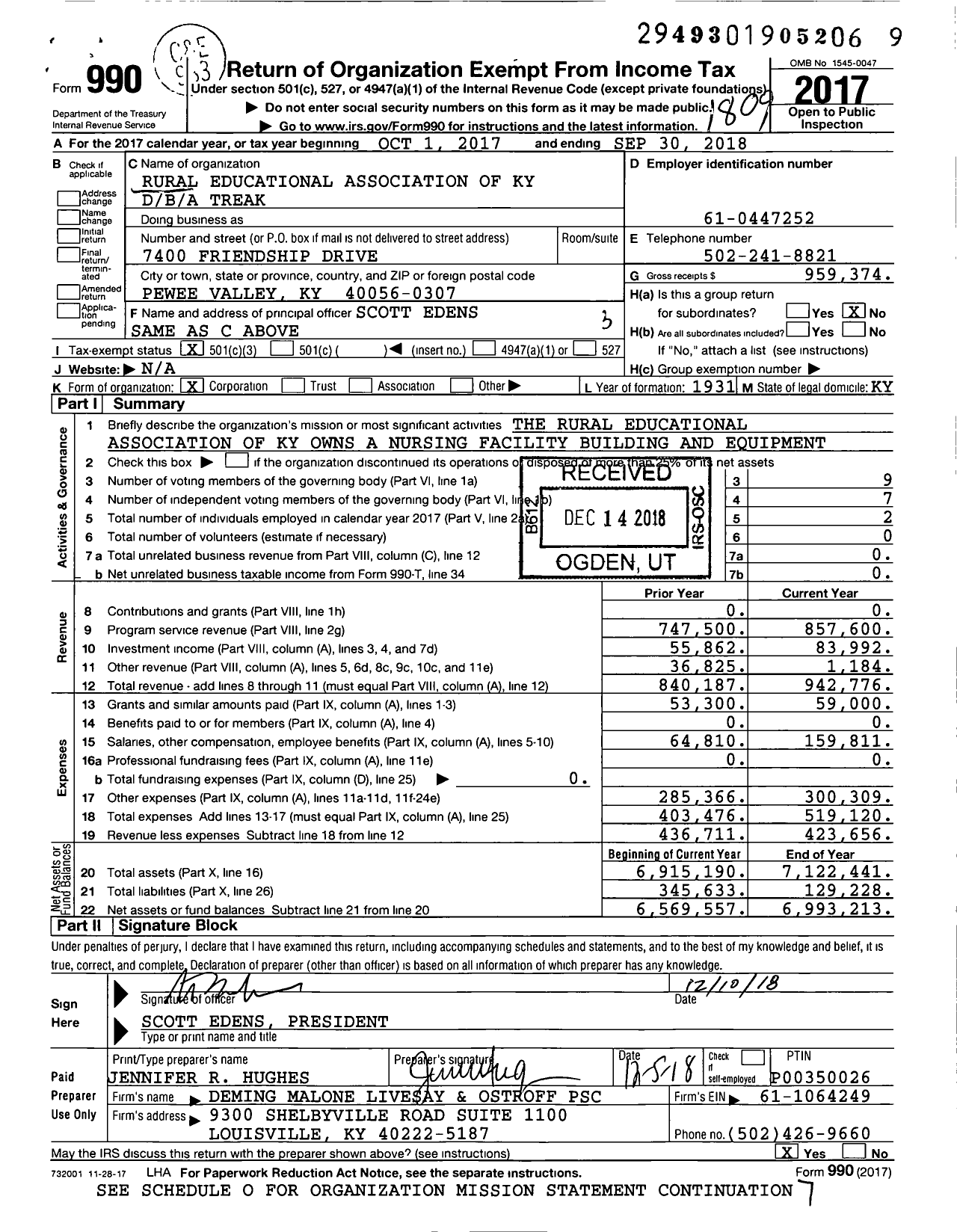 Image of first page of 2017 Form 990 for Trek / Friendship Manor Nursing Home