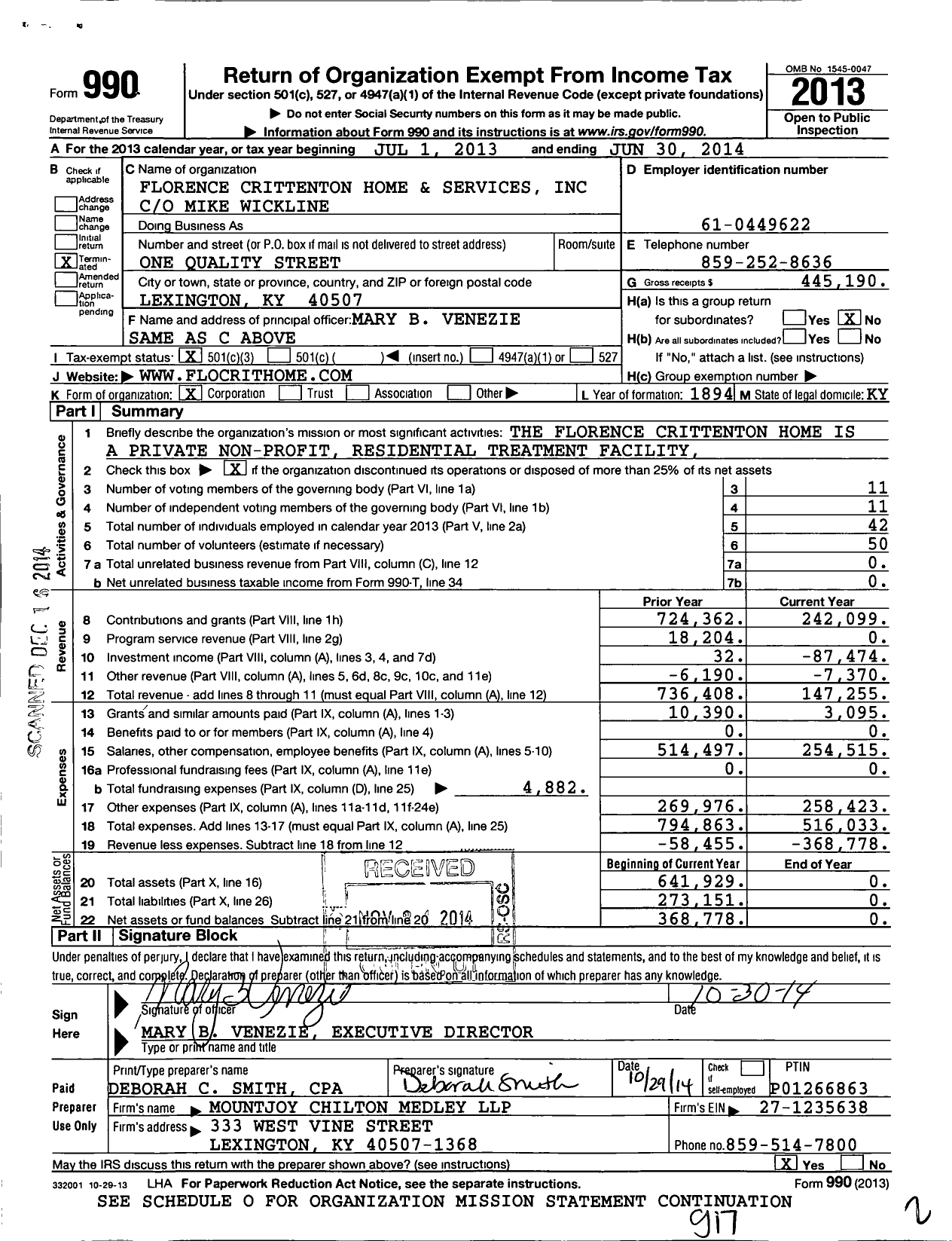 Image of first page of 2013 Form 990 for Florence Crittenton Home and Services