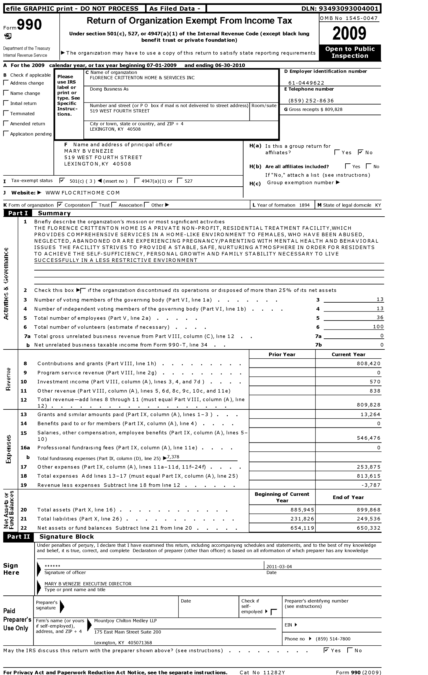 Image of first page of 2009 Form 990 for Florence Crittenton Home and Services