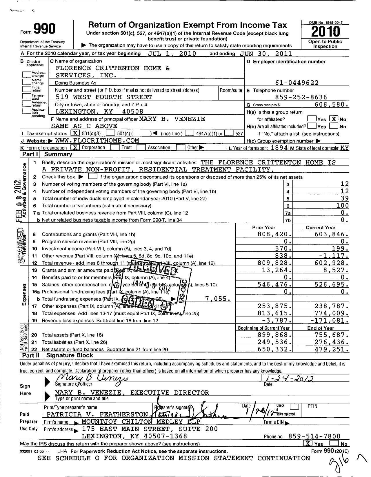 Image of first page of 2010 Form 990 for Florence Crittenton Home and Services