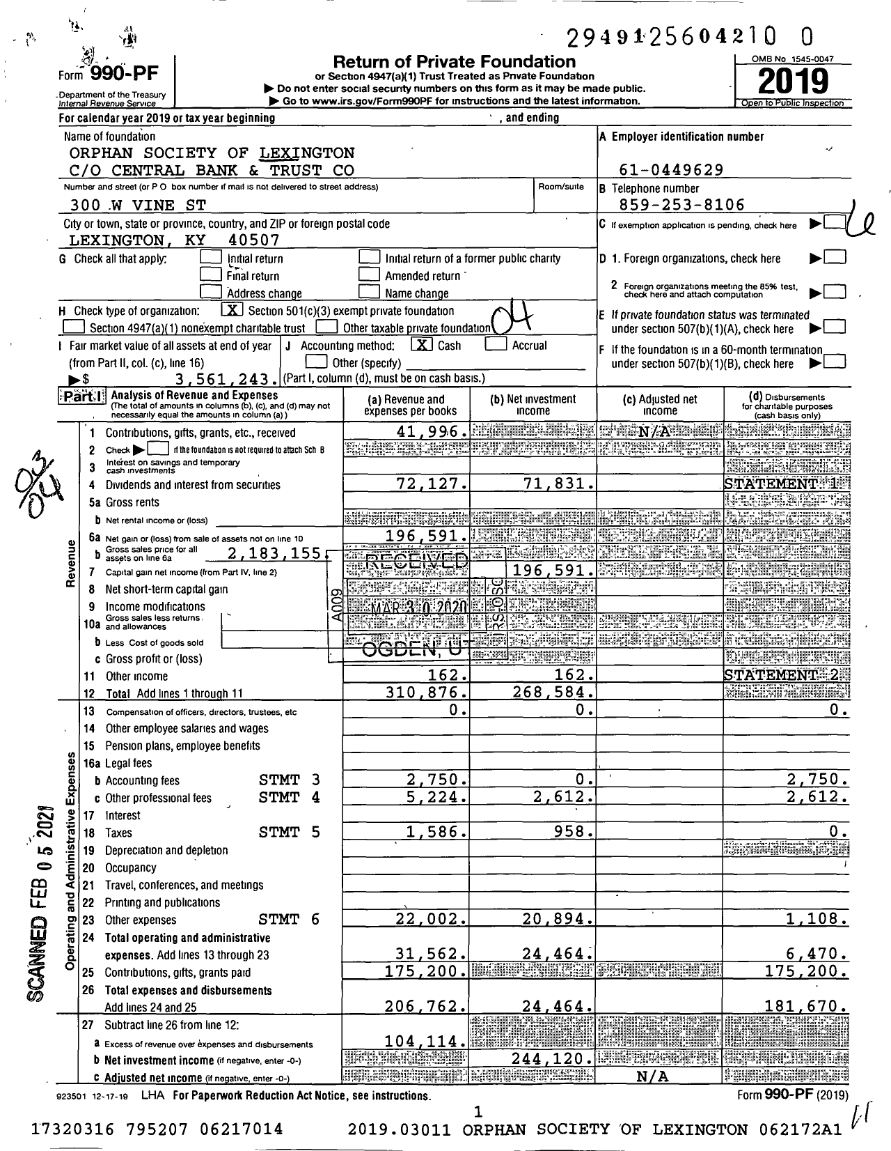 Image of first page of 2019 Form 990PF for Orphan Society of Lexington Trust