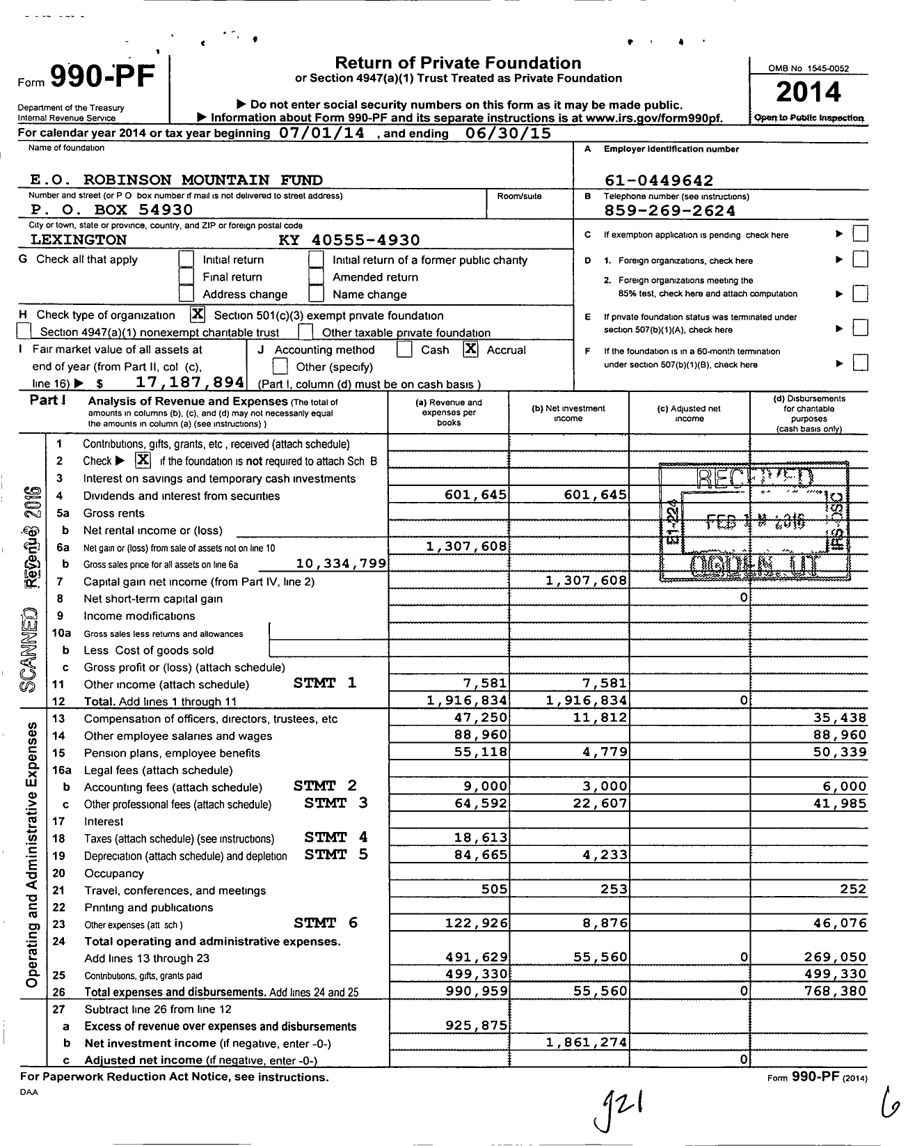 Image of first page of 2014 Form 990PF for Eo Robinson Mountain Fund
