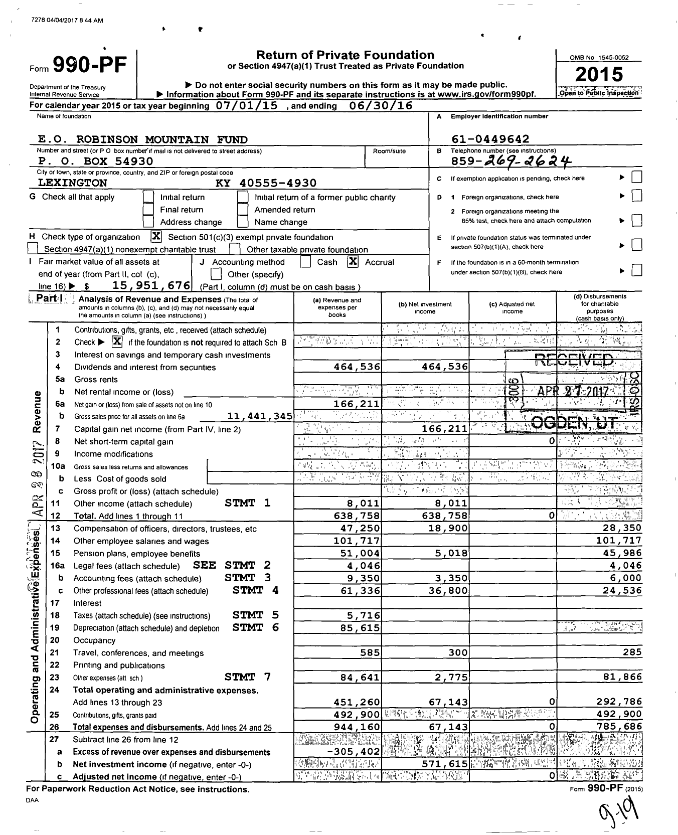 Image of first page of 2015 Form 990PF for Eo Robinson Mountain Fund
