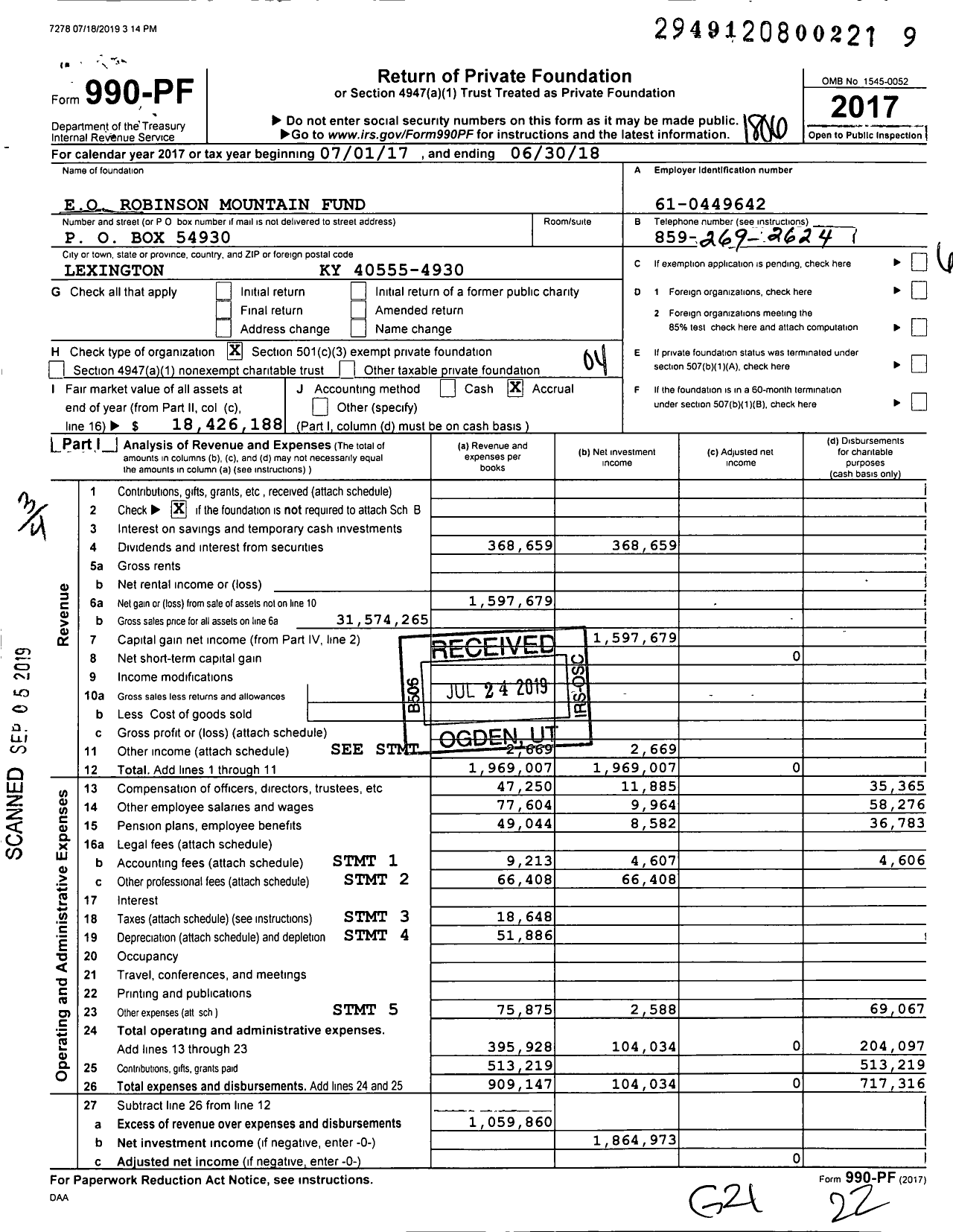 Image of first page of 2017 Form 990PF for Eo Robinson Mountain Fund
