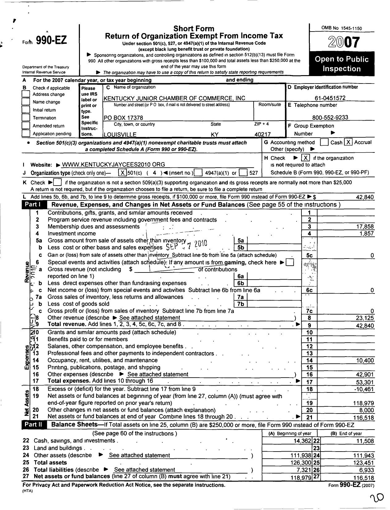 Image of first page of 2007 Form 990EO for Kentucky Junior Chamber of Commerce