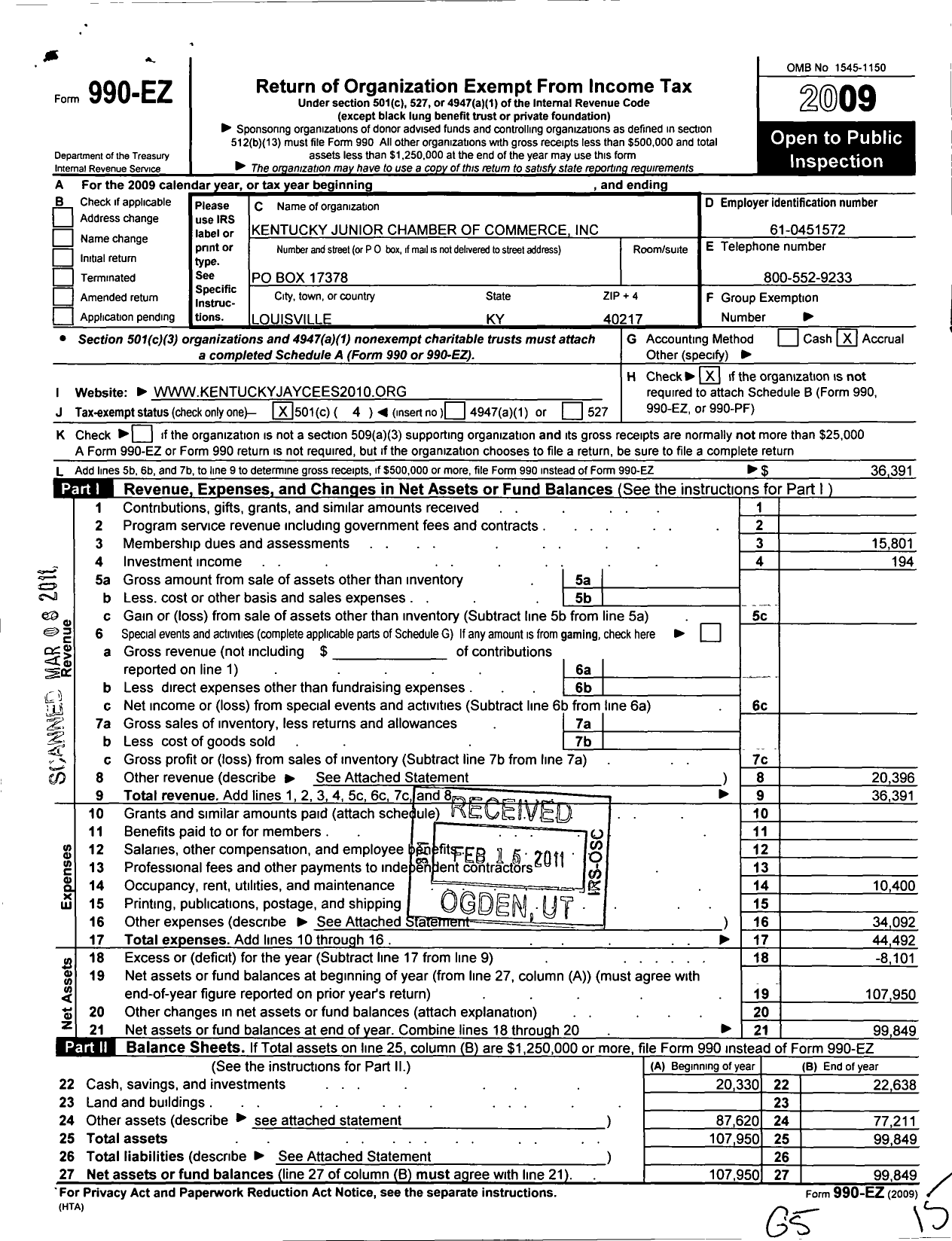 Image of first page of 2009 Form 990EO for Kentucky Junior Chamber of Commerce