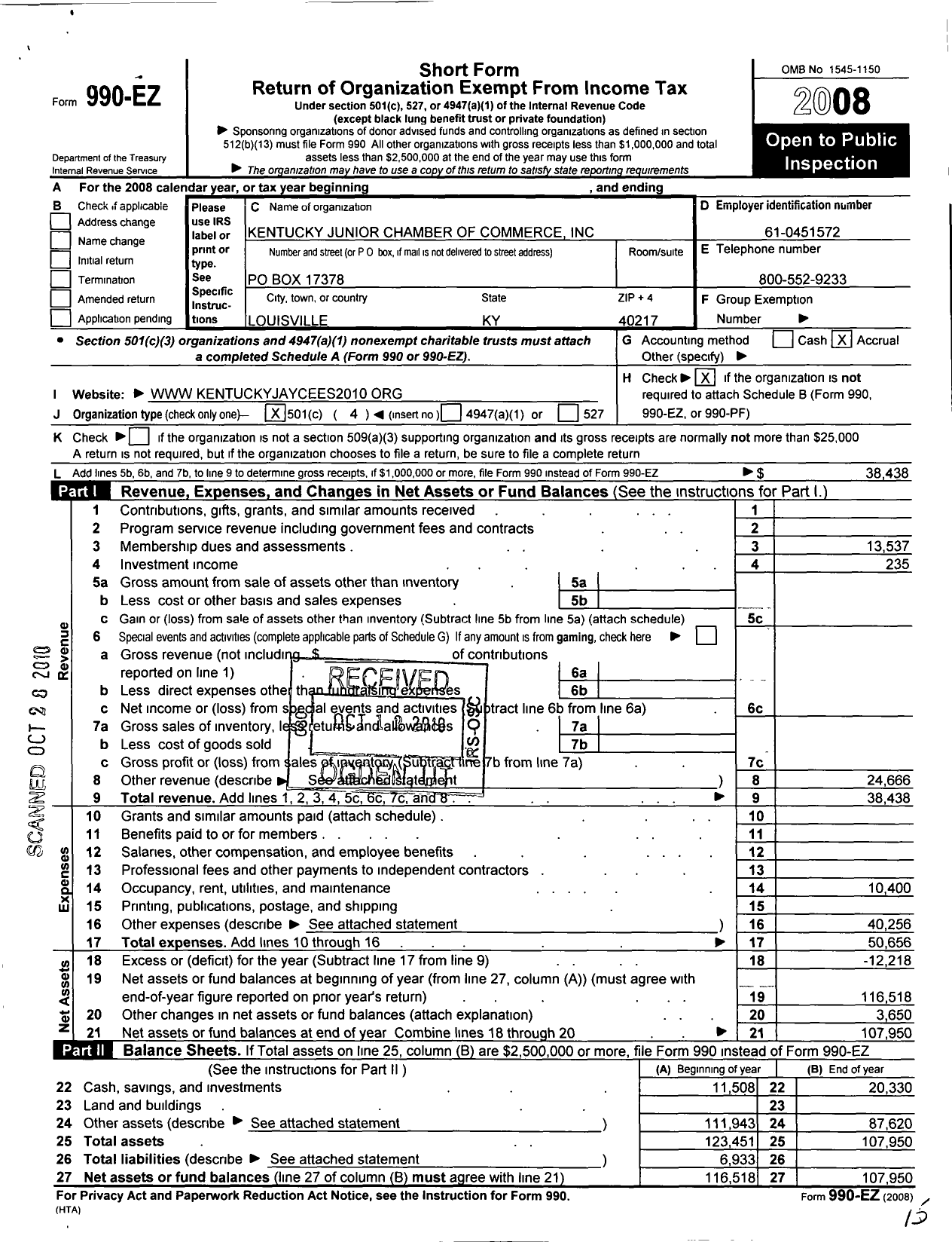 Image of first page of 2008 Form 990EO for Kentucky Junior Chamber of Commerce