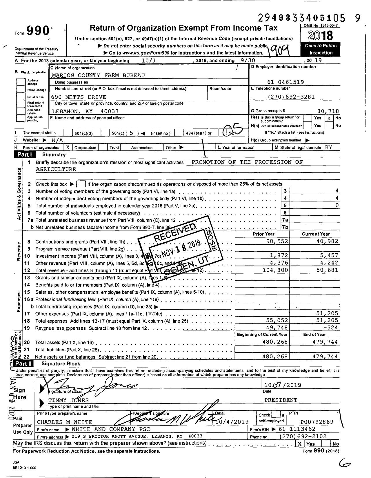 Image of first page of 2018 Form 990O for Kentucky Farm Bureau Federation - Marion County Farm Bureau