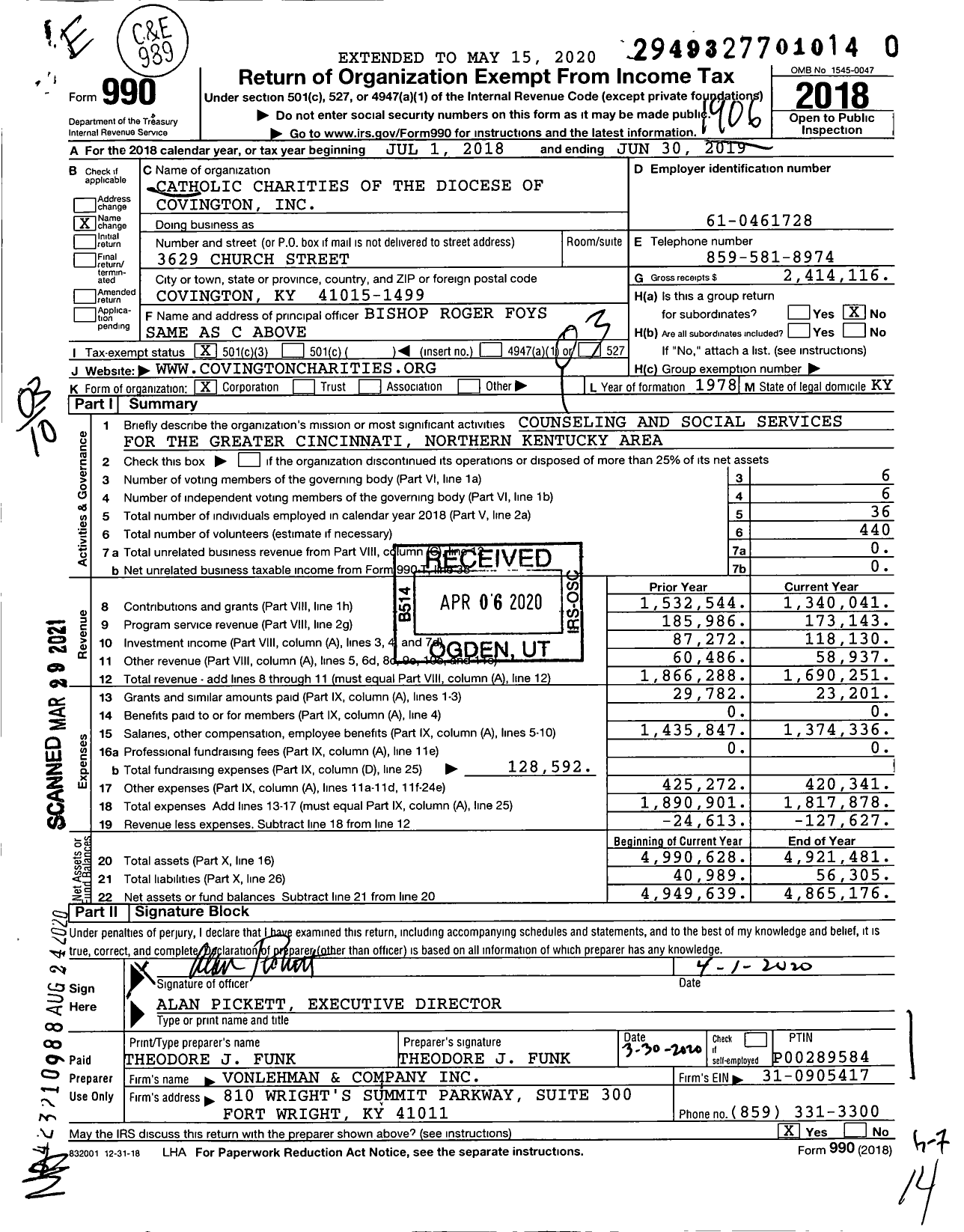 Image of first page of 2018 Form 990 for Catholic Charities of the Diocese of Covington