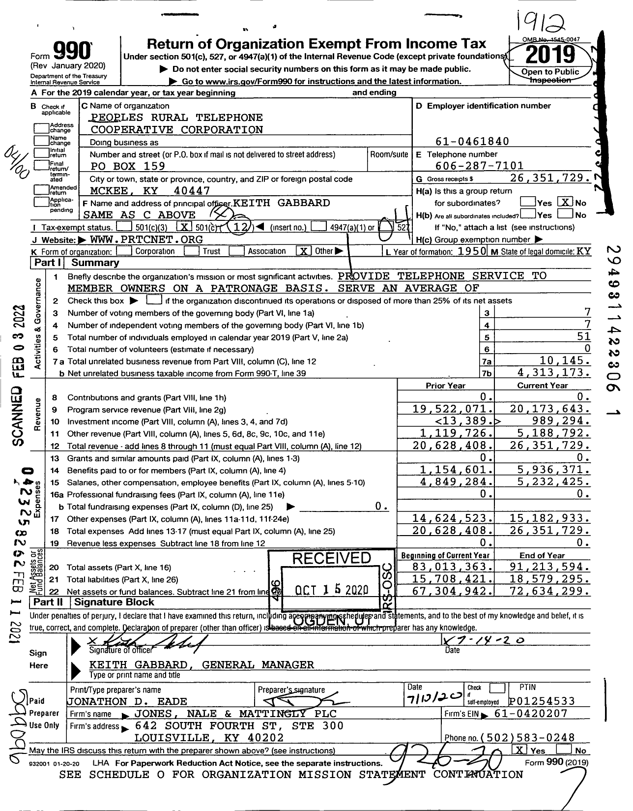 Image of first page of 2019 Form 990O for Peoples Rural Telephone Cooperative Corporation