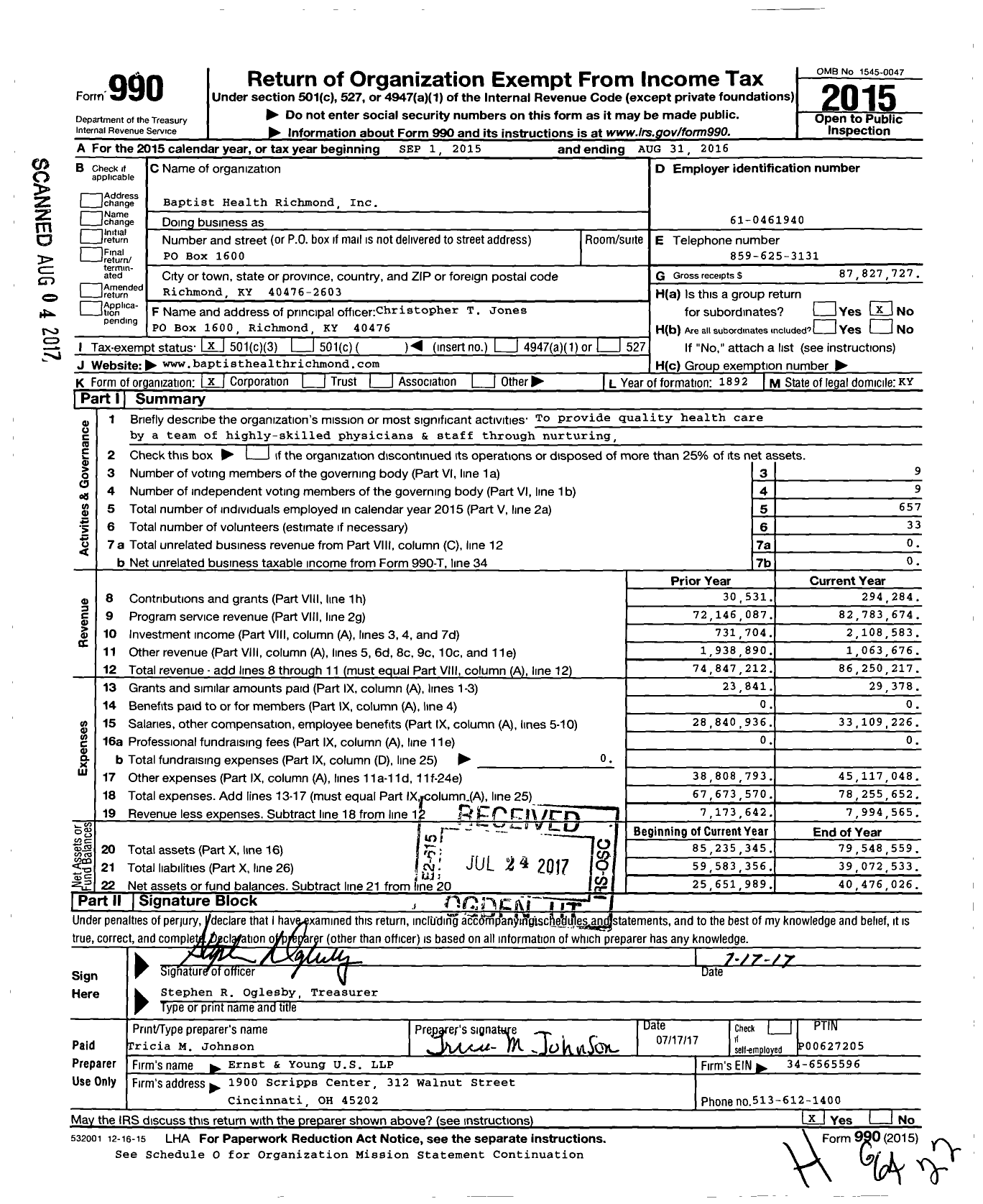 Image of first page of 2015 Form 990 for Baptist Health Richmond