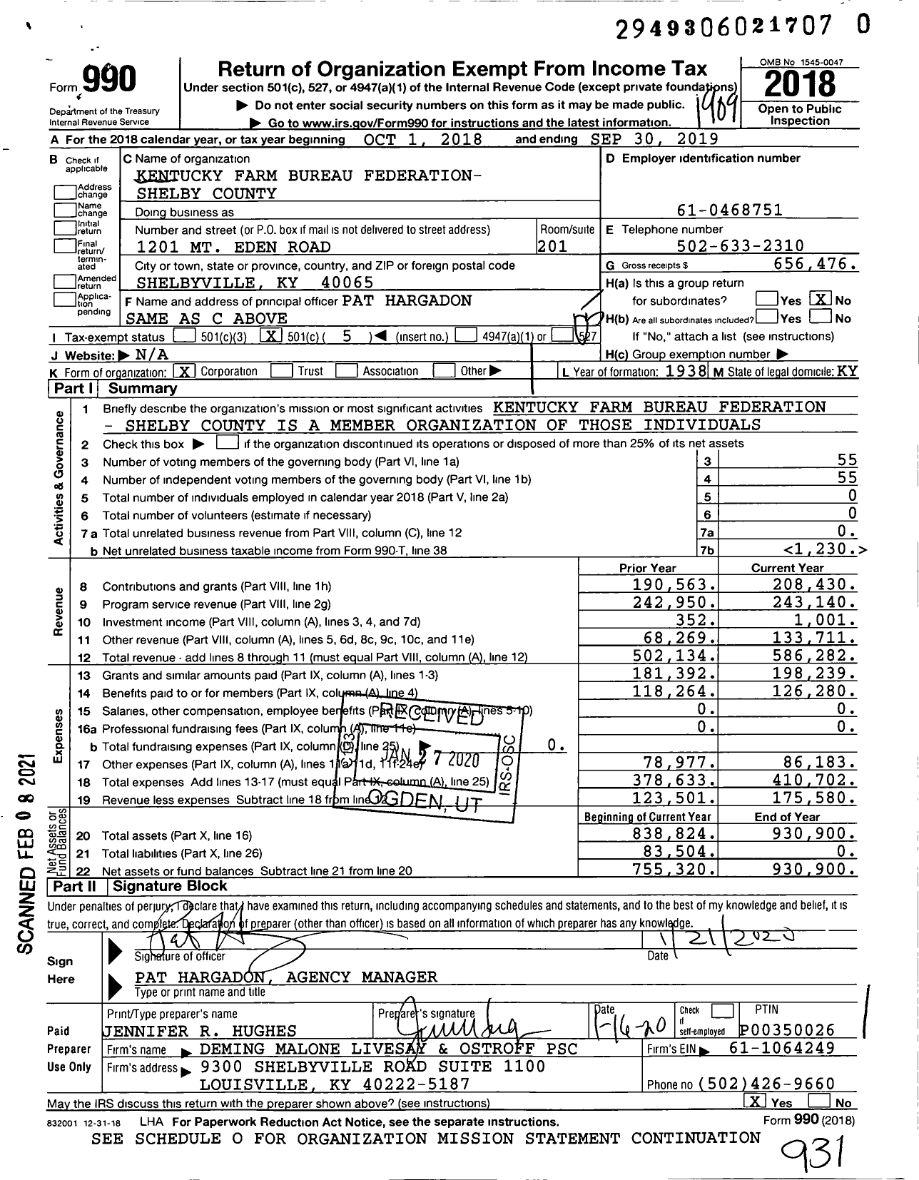 Image of first page of 2018 Form 990O for Kentucky Farm Bureau Federation - Shelby County Farm Bureau