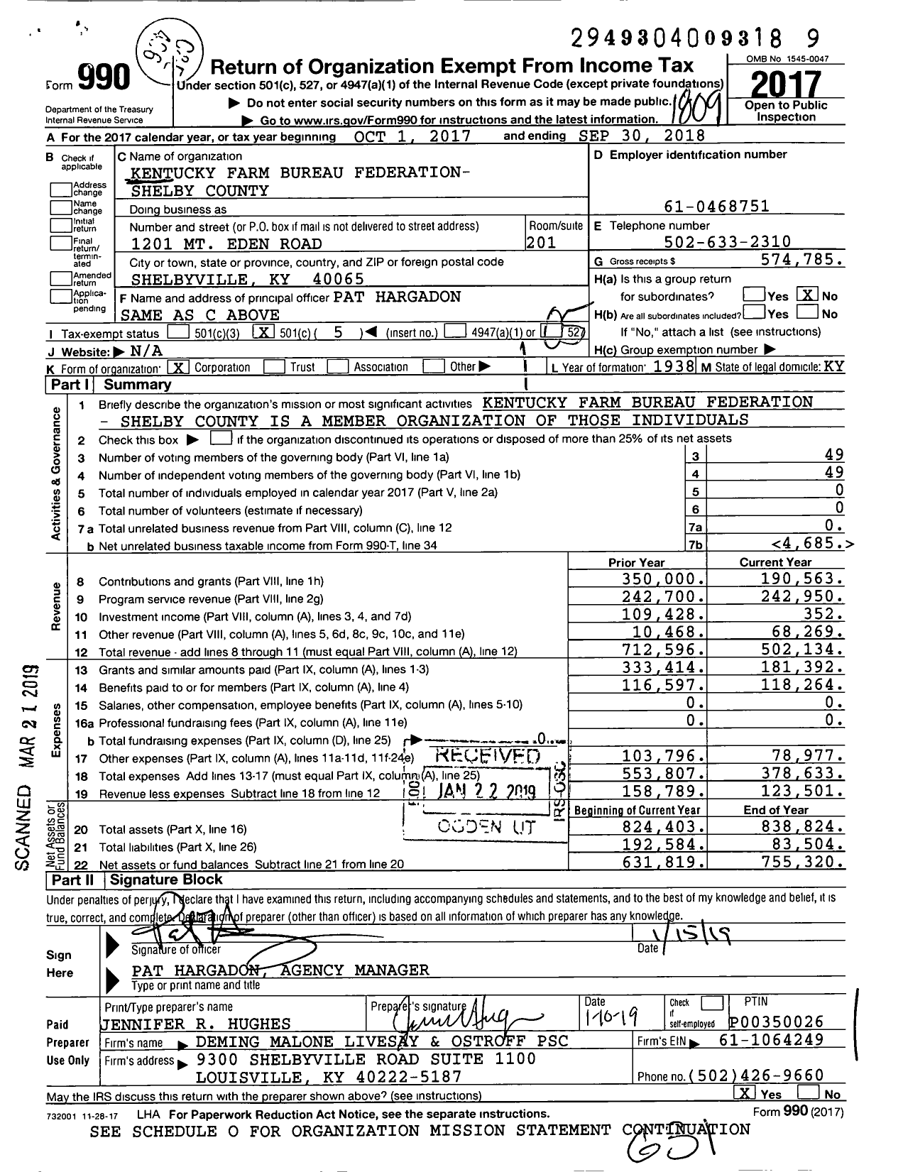 Image of first page of 2017 Form 990O for Kentucky Farm Bureau Federation - Shelby County Farm Bureau