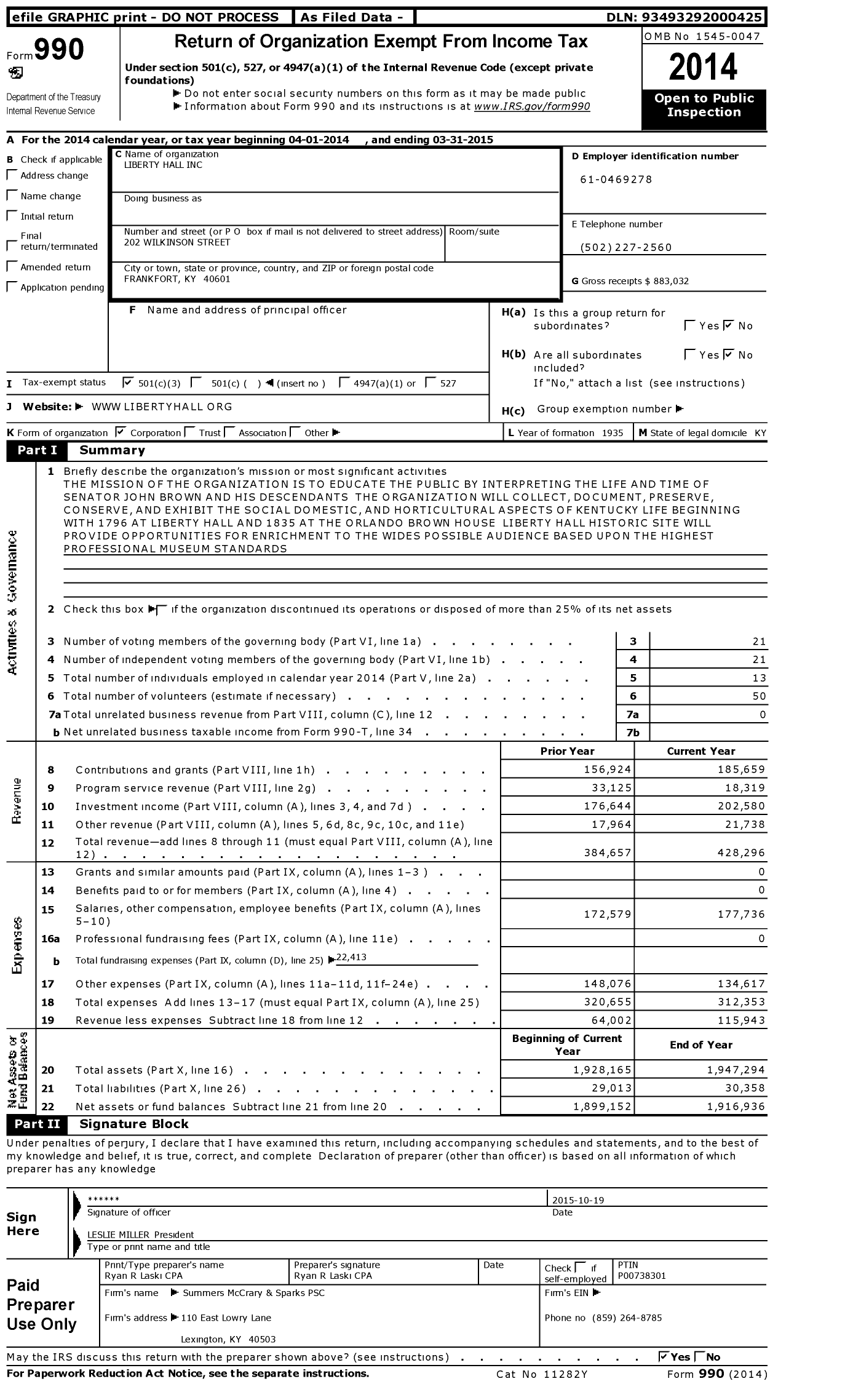 Image of first page of 2014 Form 990 for Liberty Hall