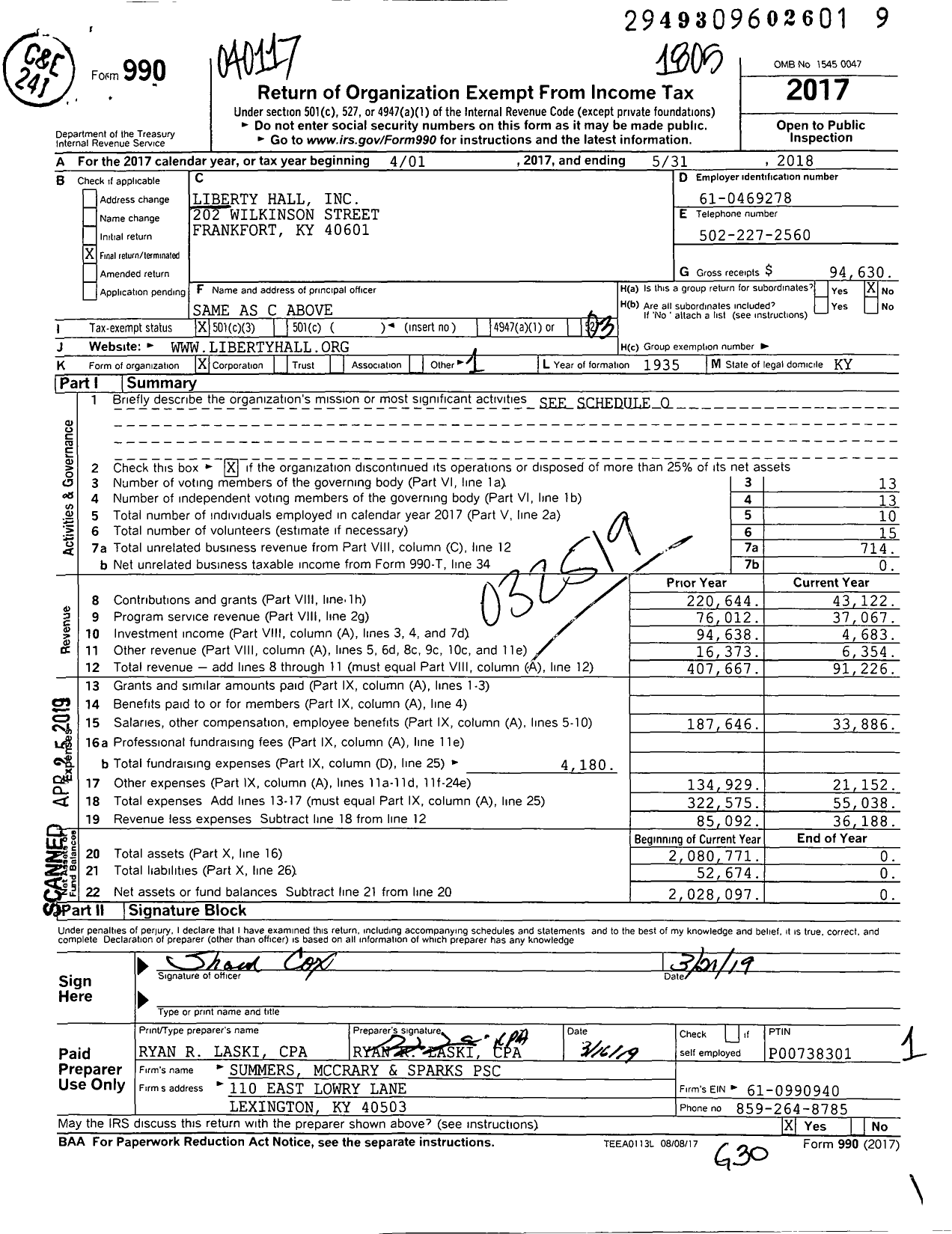 Image of first page of 2017 Form 990 for Liberty Hall