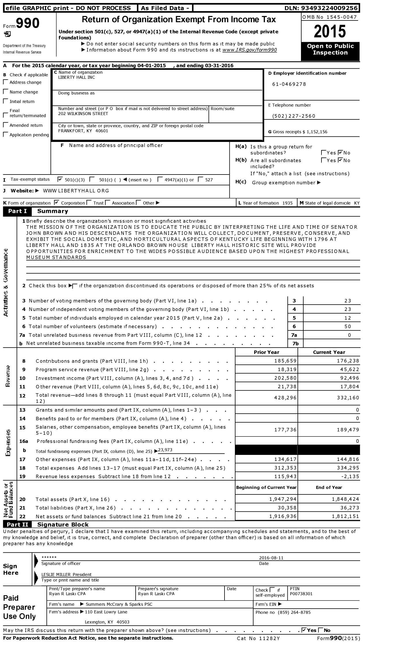 Image of first page of 2015 Form 990 for Liberty Hall