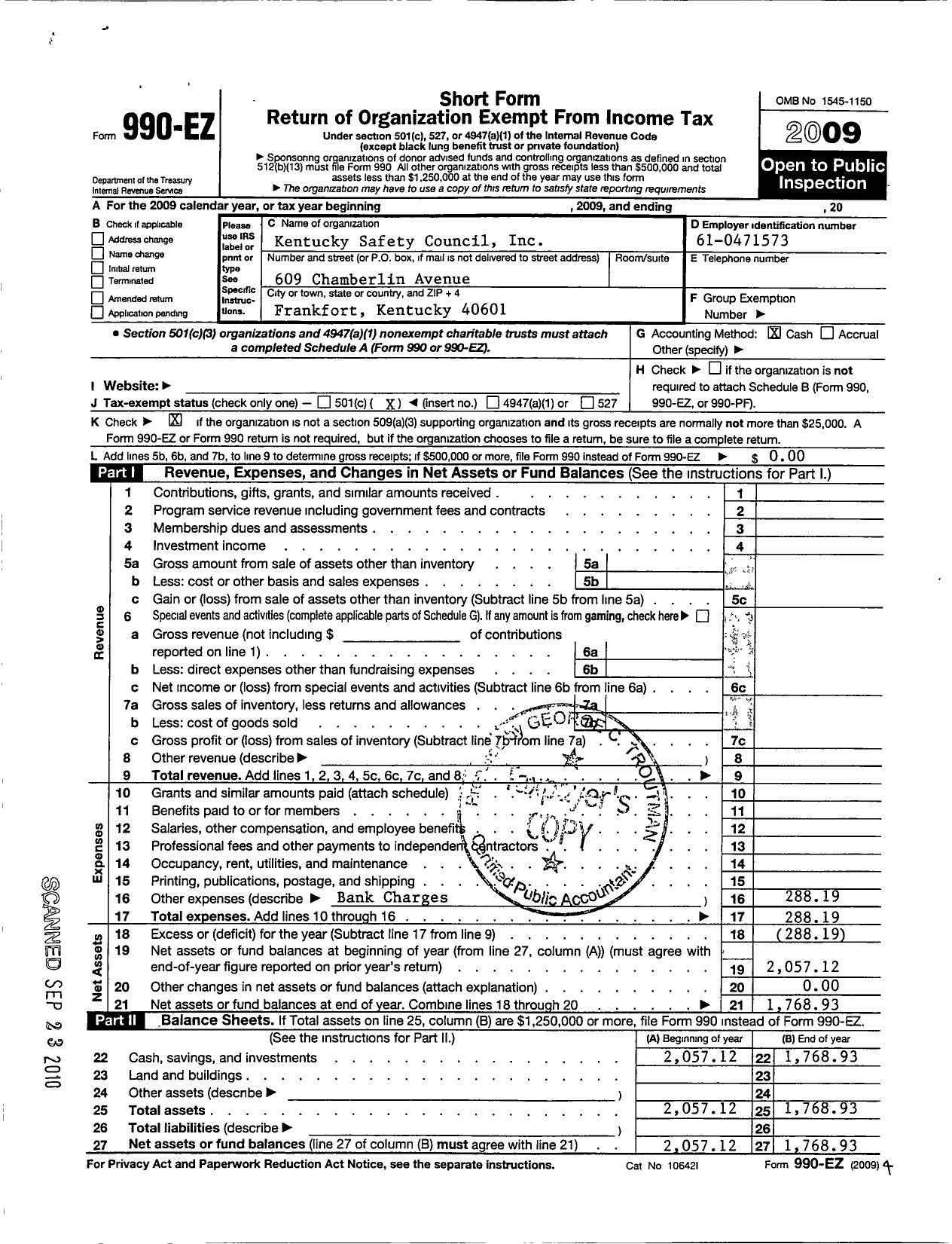 Image of first page of 2009 Form 990EO for Kentucky Safety Council