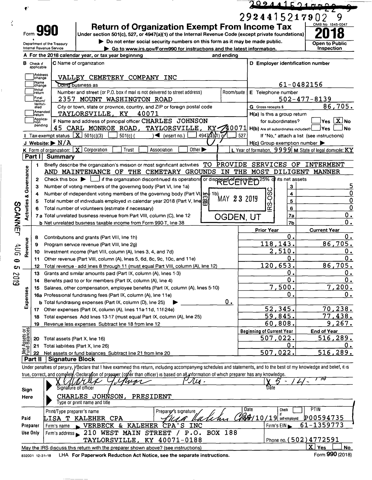 Image of first page of 2018 Form 990 for Valley Cemetery Company