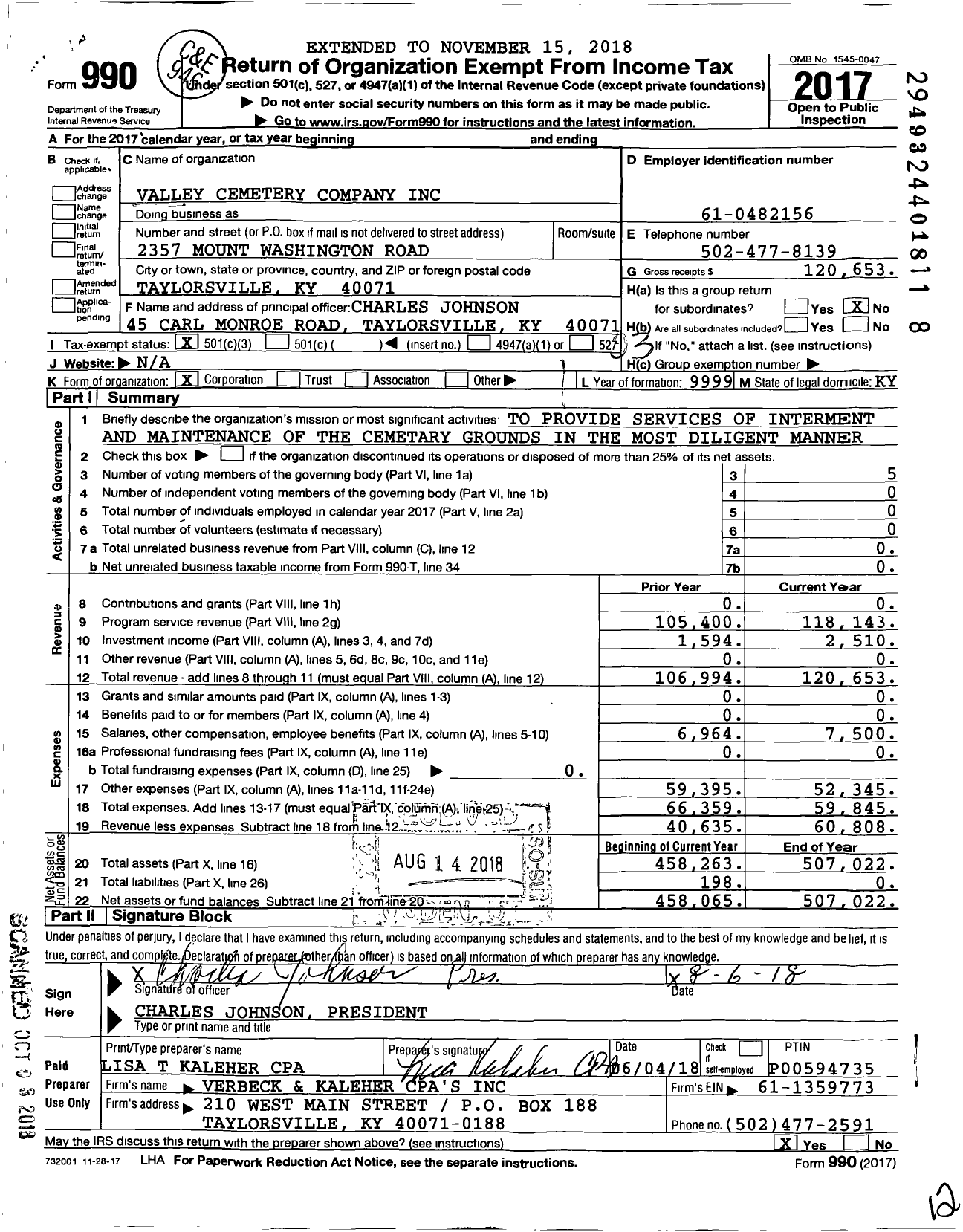 Image of first page of 2017 Form 990 for Valley Cemetery Company