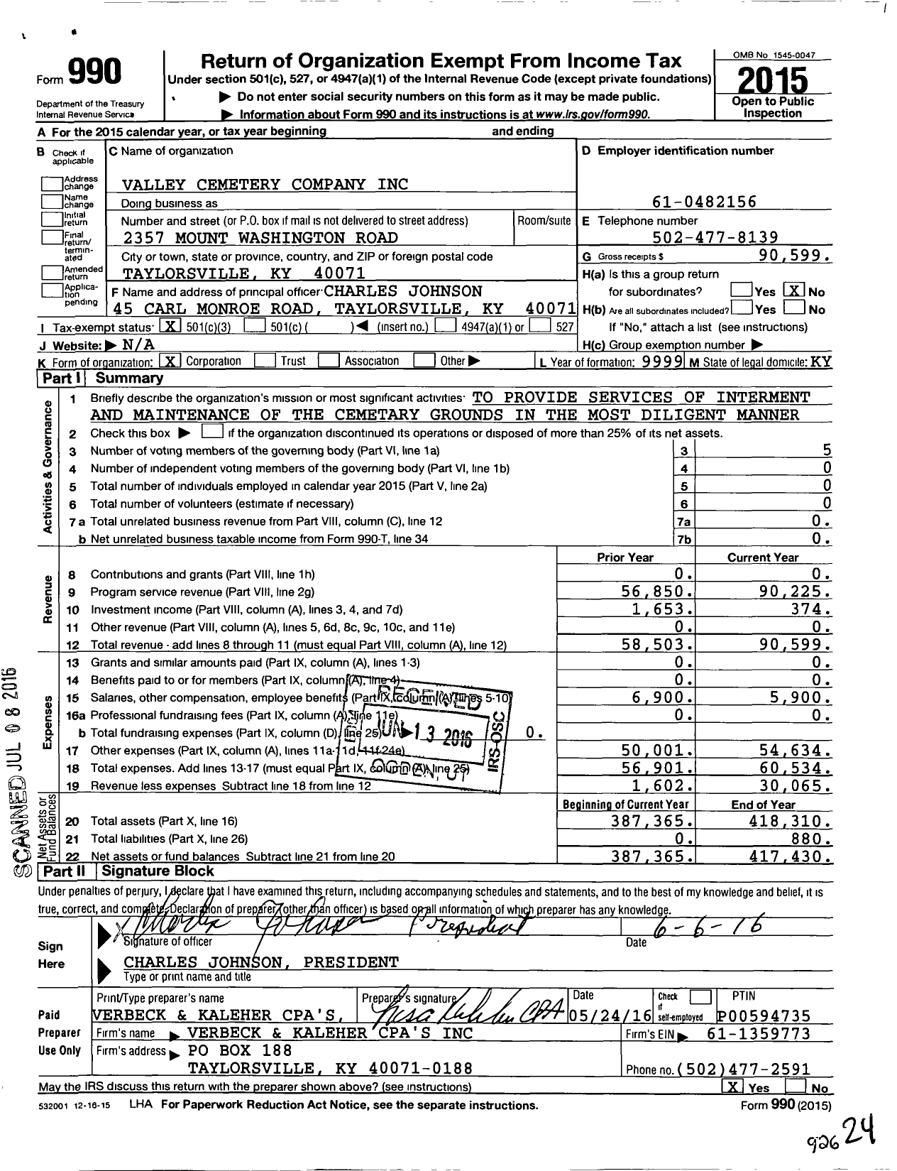 Image of first page of 2015 Form 990 for Valley Cemetery Company