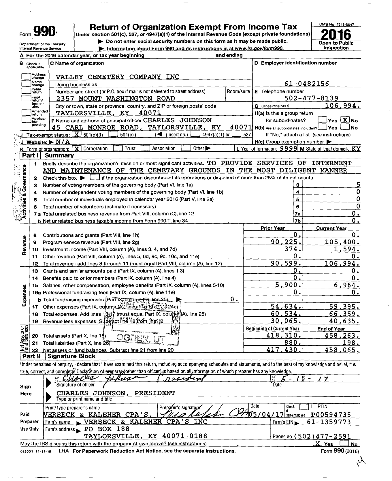 Image of first page of 2016 Form 990 for Valley Cemetery Company