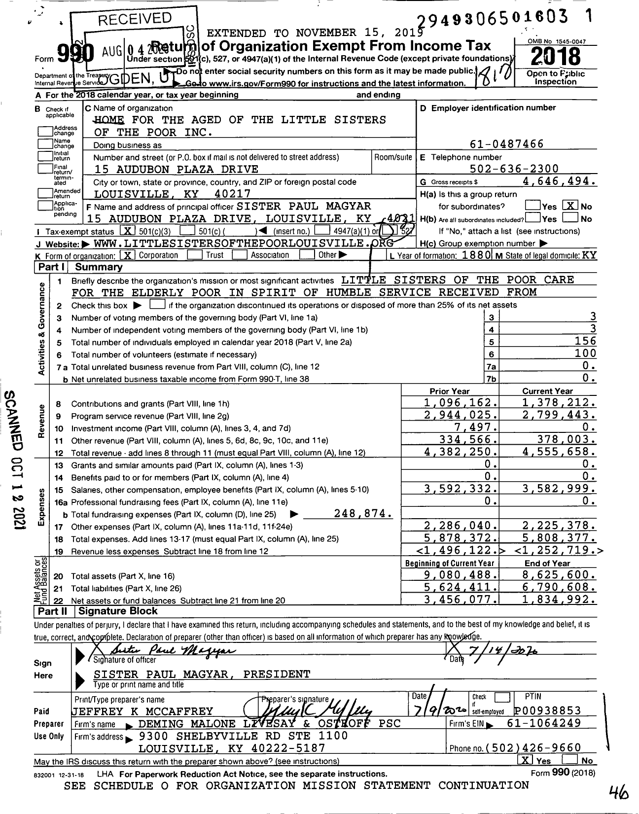 Image of first page of 2018 Form 990 for Home for the Aged of the Little Sisters of the Poor