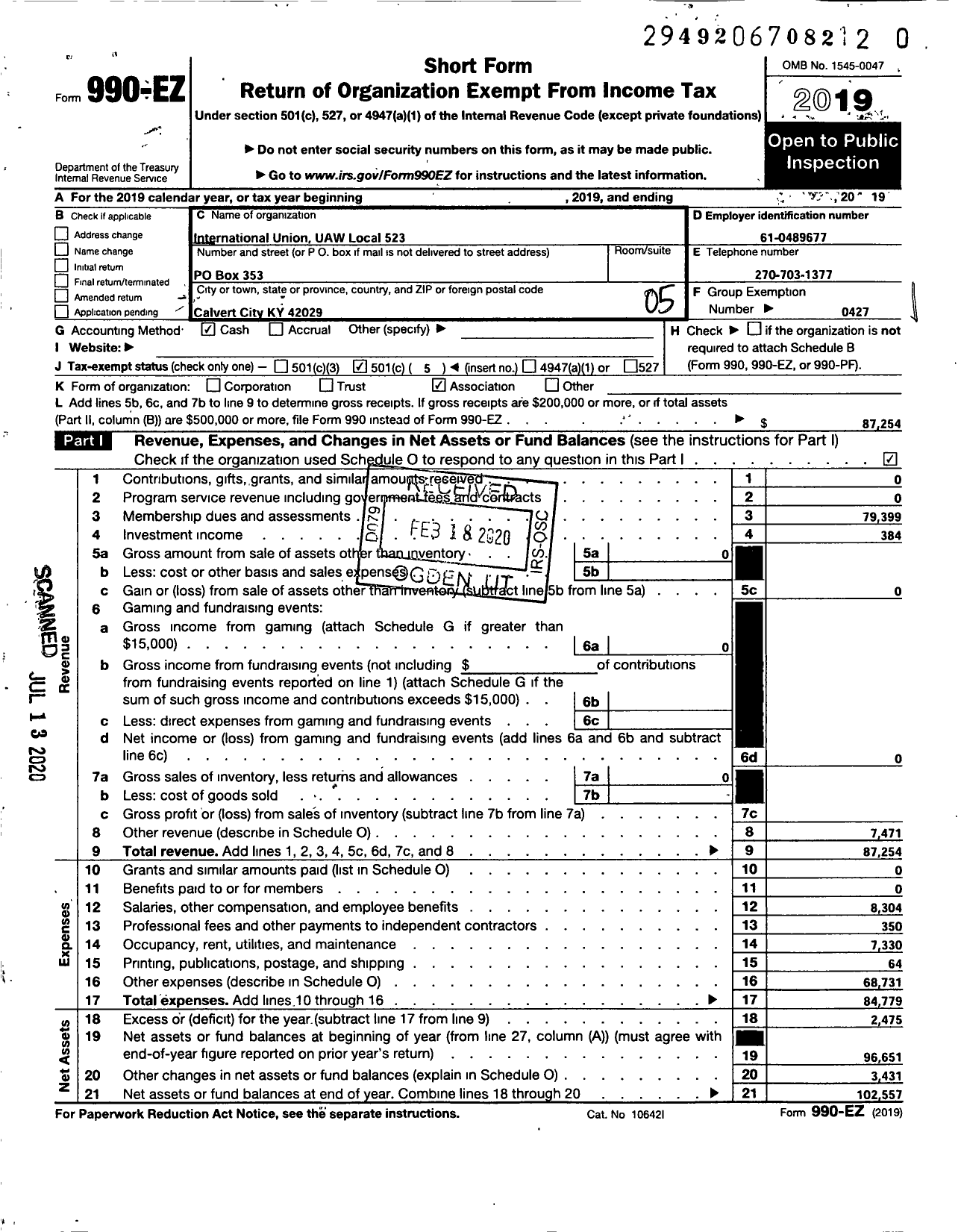 Image of first page of 2019 Form 990EO for UAW - 523 Local UAW