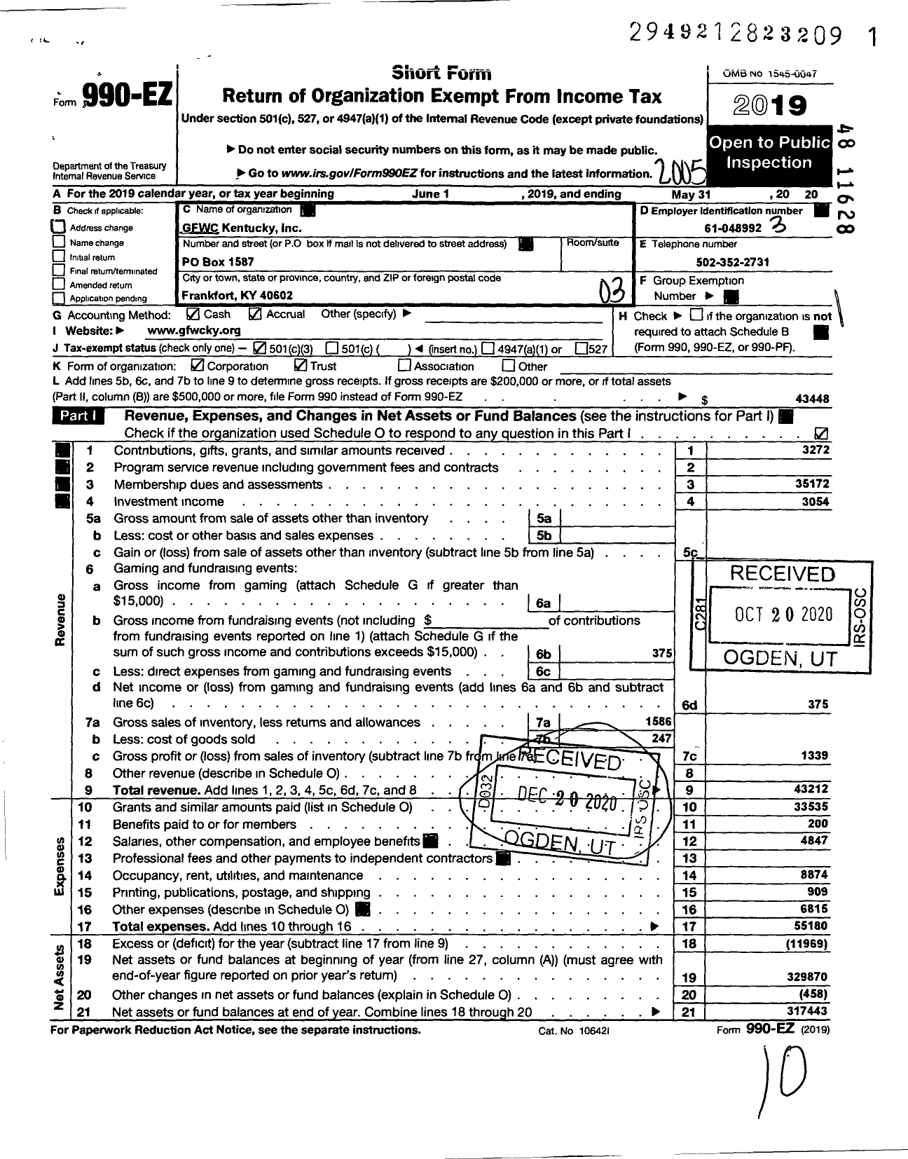 Image of first page of 2019 Form 990EZ for GFWC Kentucky