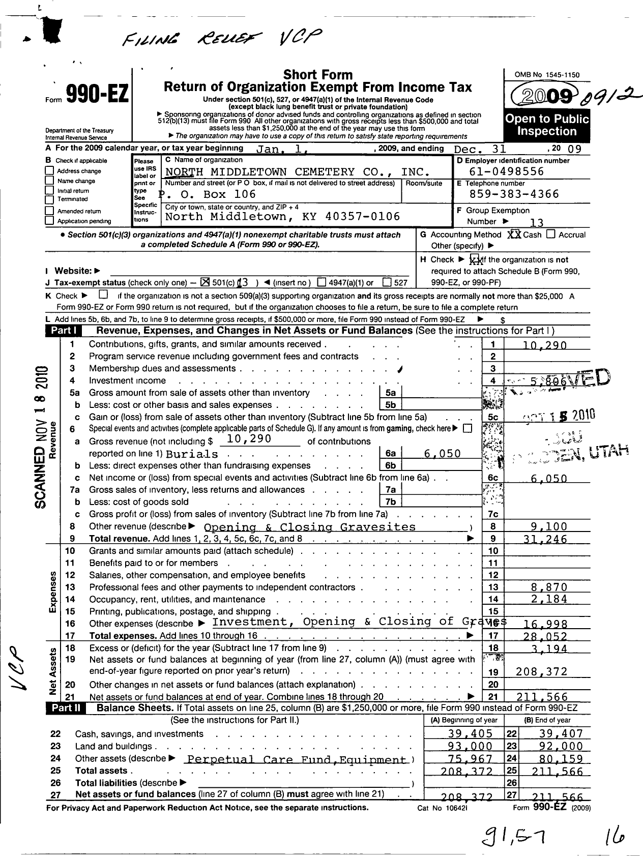 Image of first page of 2009 Form 990EO for North Middletown Cemetery Company