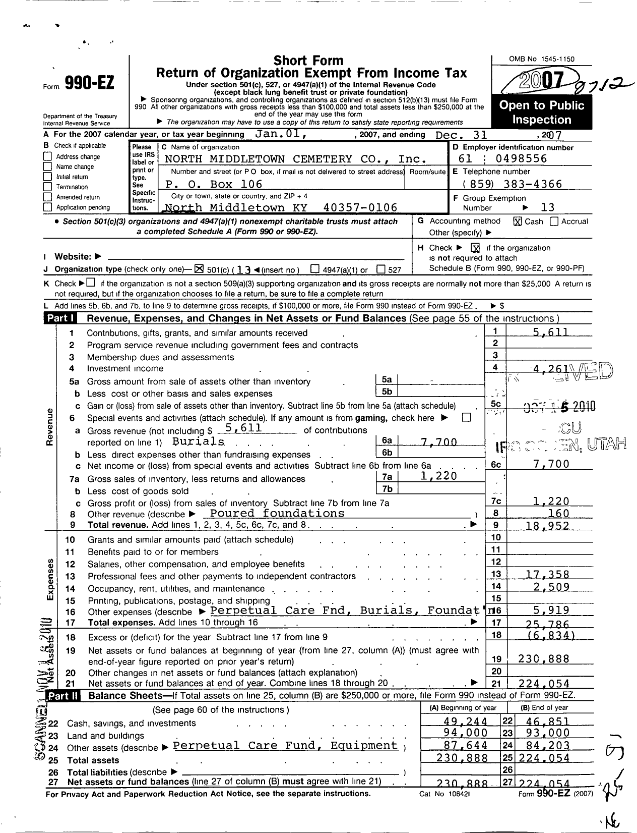 Image of first page of 2007 Form 990EO for North Middletown Cemetery Company