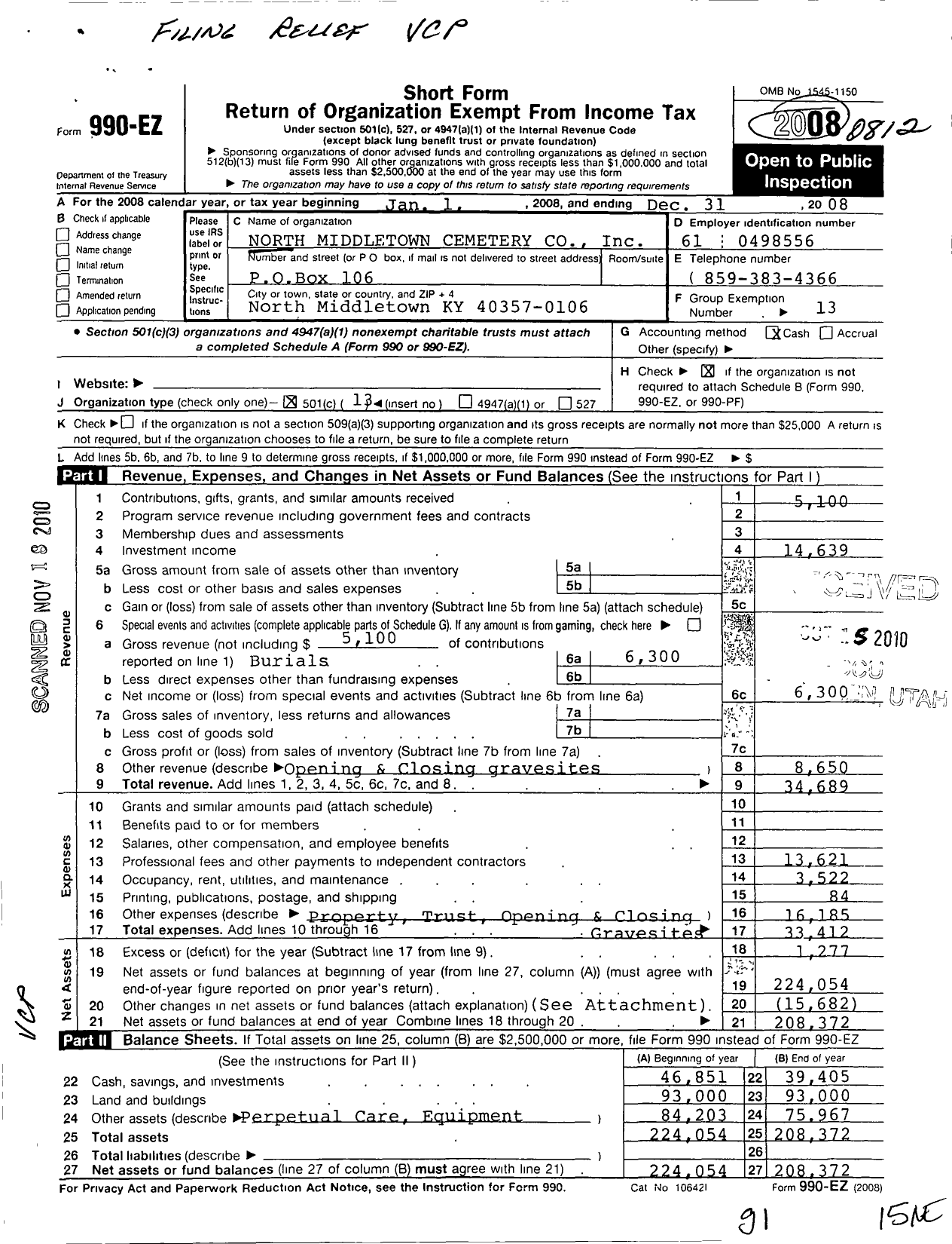 Image of first page of 2008 Form 990EO for North Middletown Cemetery Company