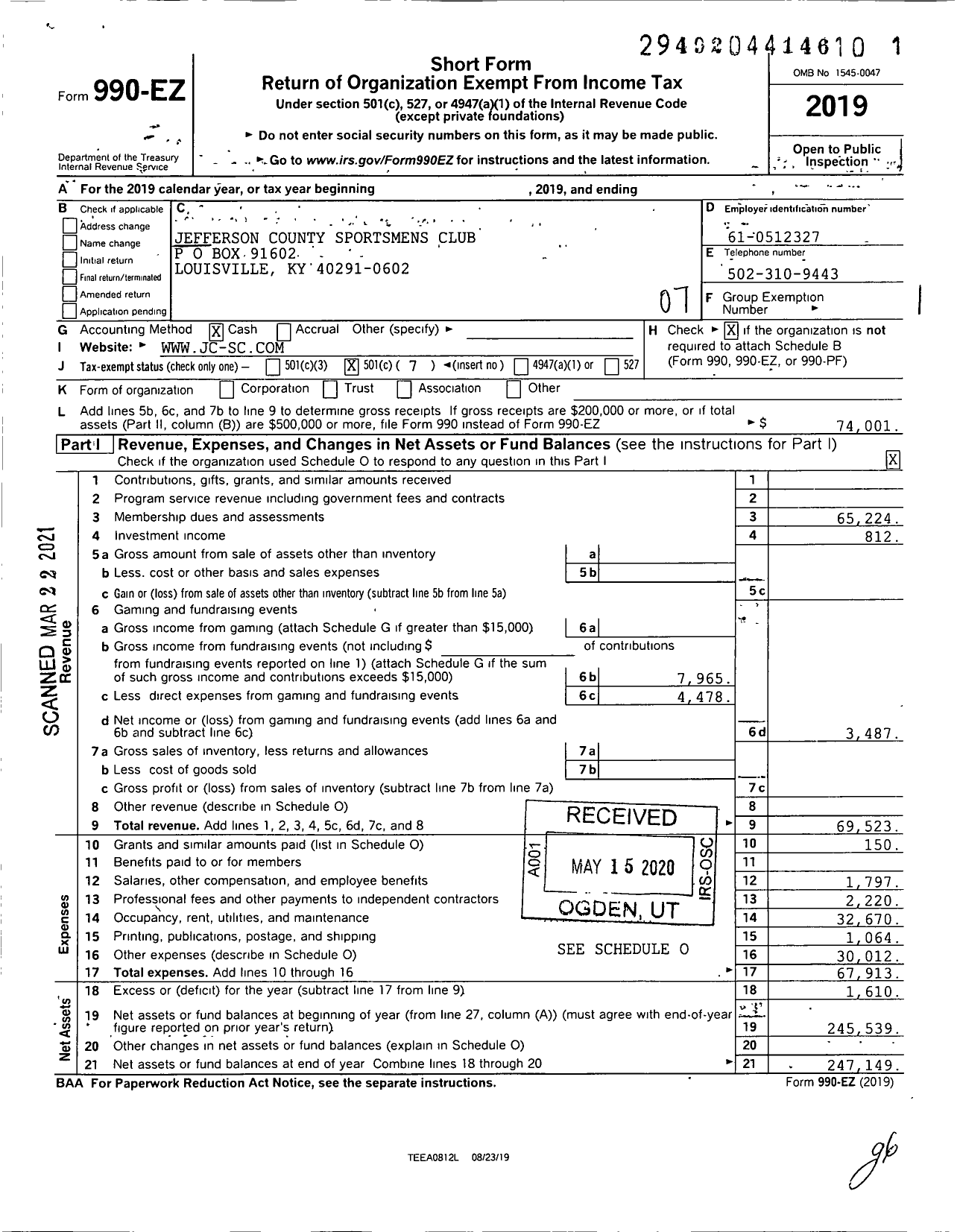 Image of first page of 2019 Form 990EO for Jefferson County Sportsmens Club