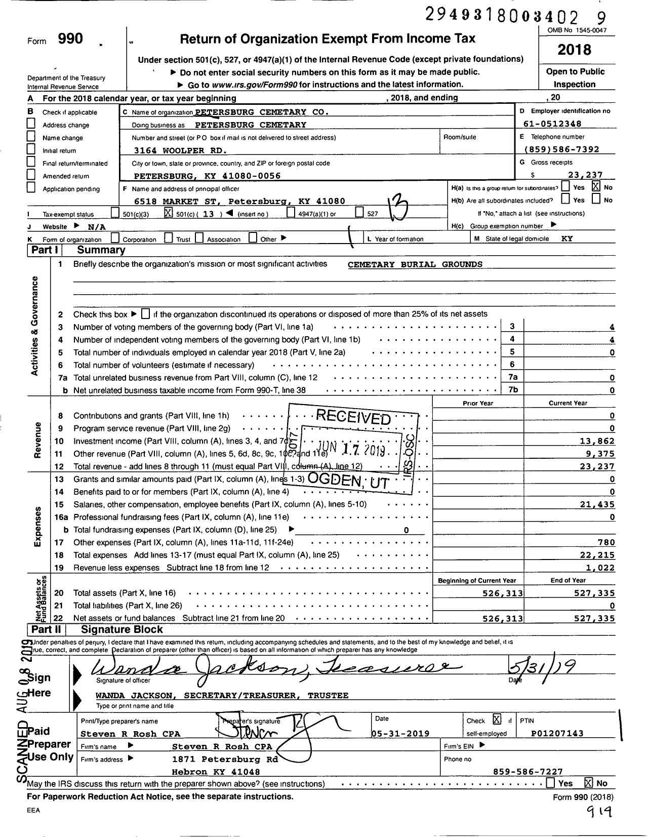 Image of first page of 2018 Form 990O for Petersburg Cemetary