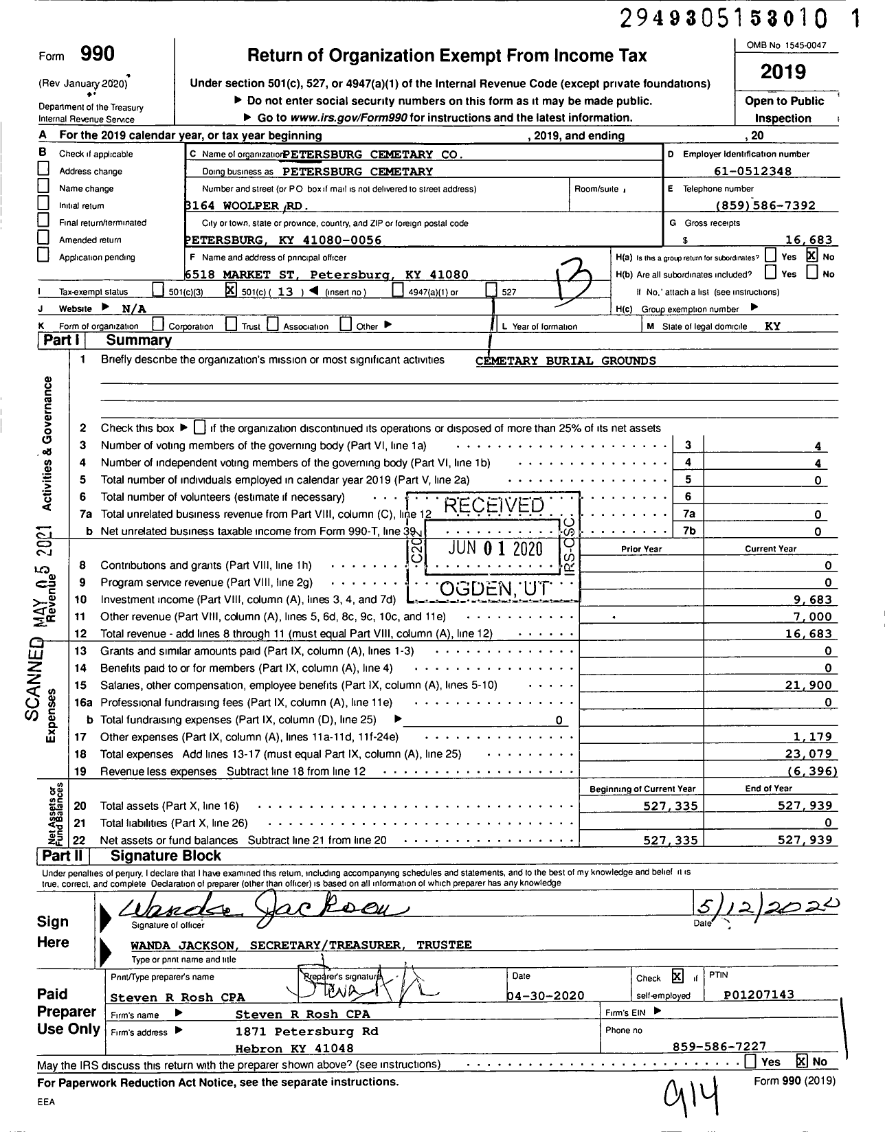 Image of first page of 2019 Form 990O for Petersburg Cemetary