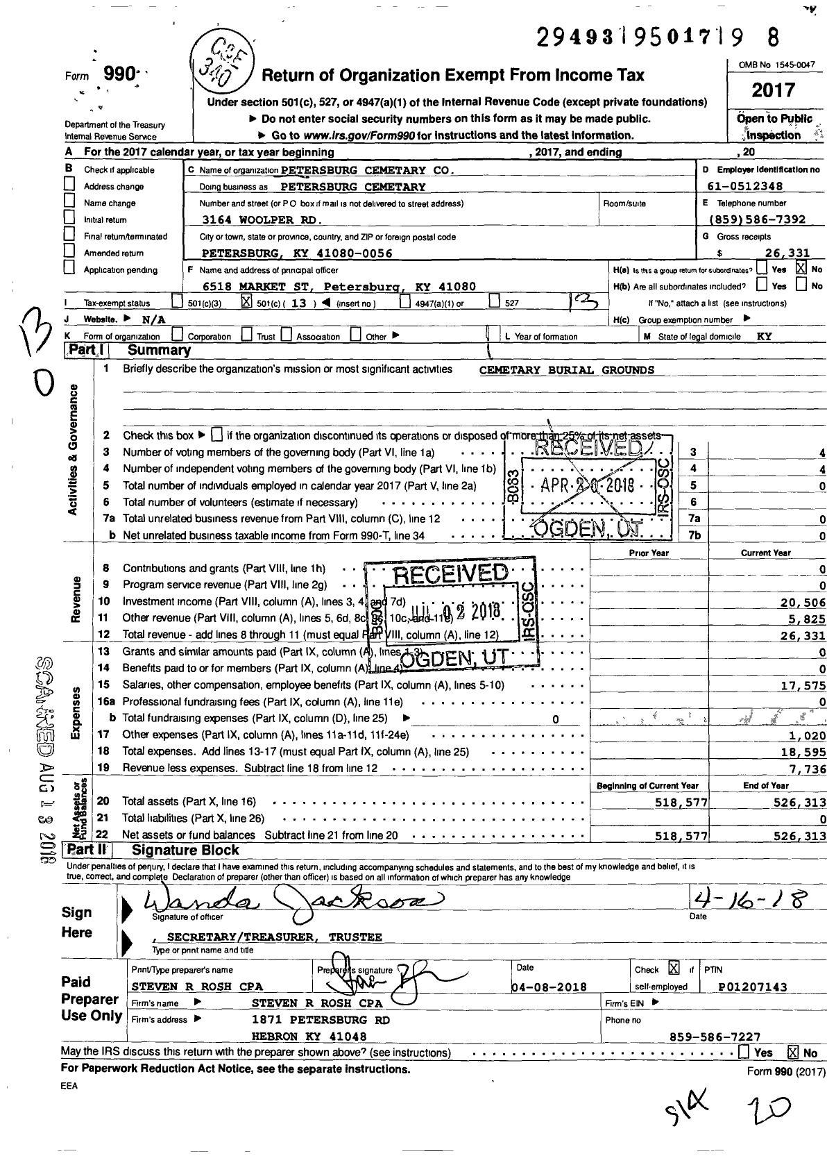 Image of first page of 2017 Form 990O for Petersburg Cemetary