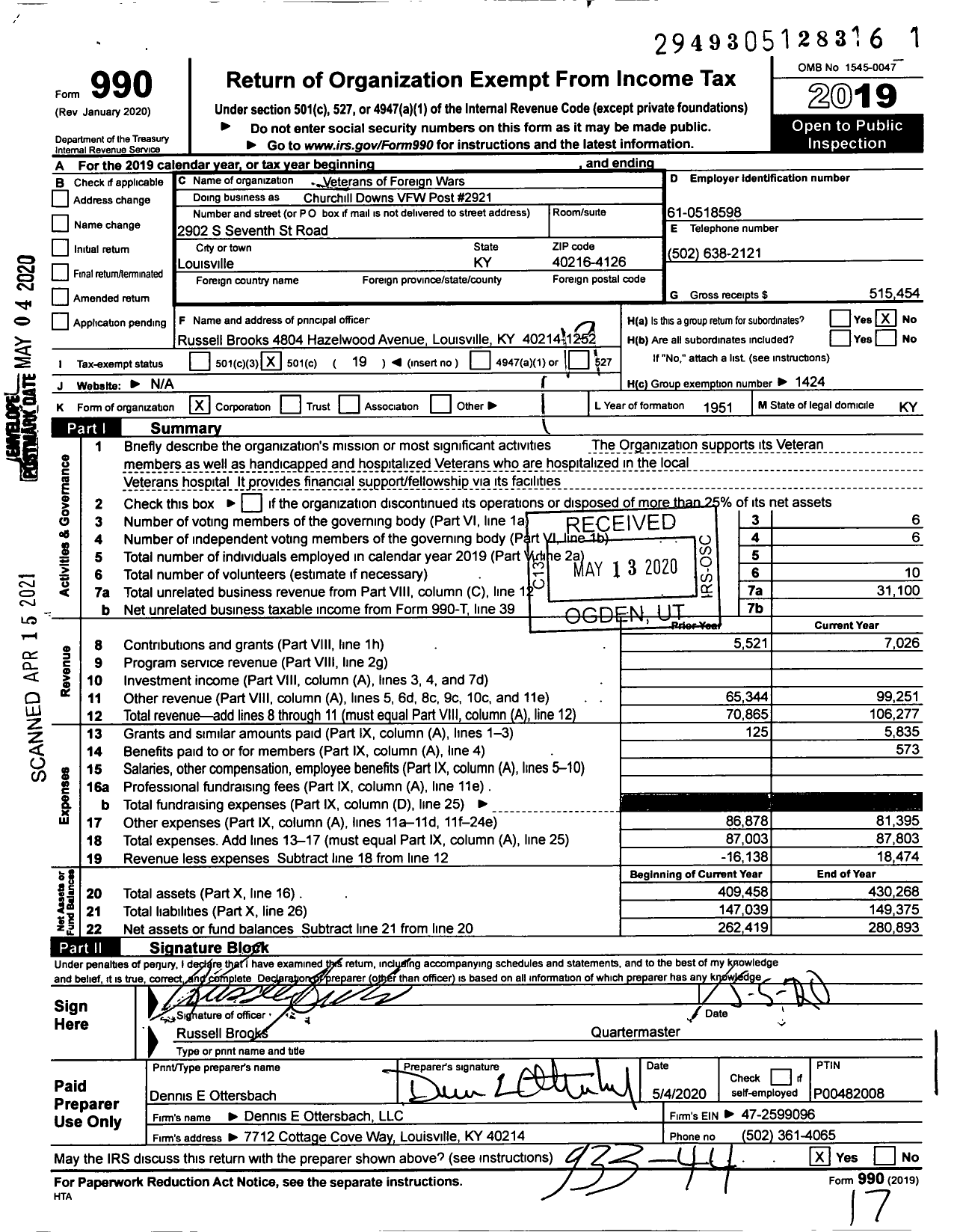 Image of first page of 2019 Form 990O for Veterans of Foreign Wars of Kentucky - 2921 Churchill Downs Post