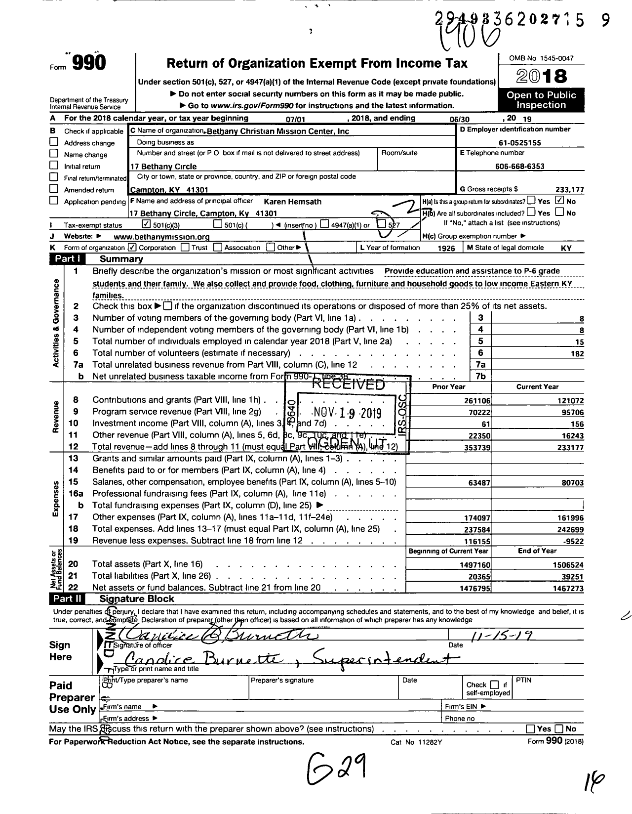 Image of first page of 2018 Form 990 for Bethany Christian Mission Center