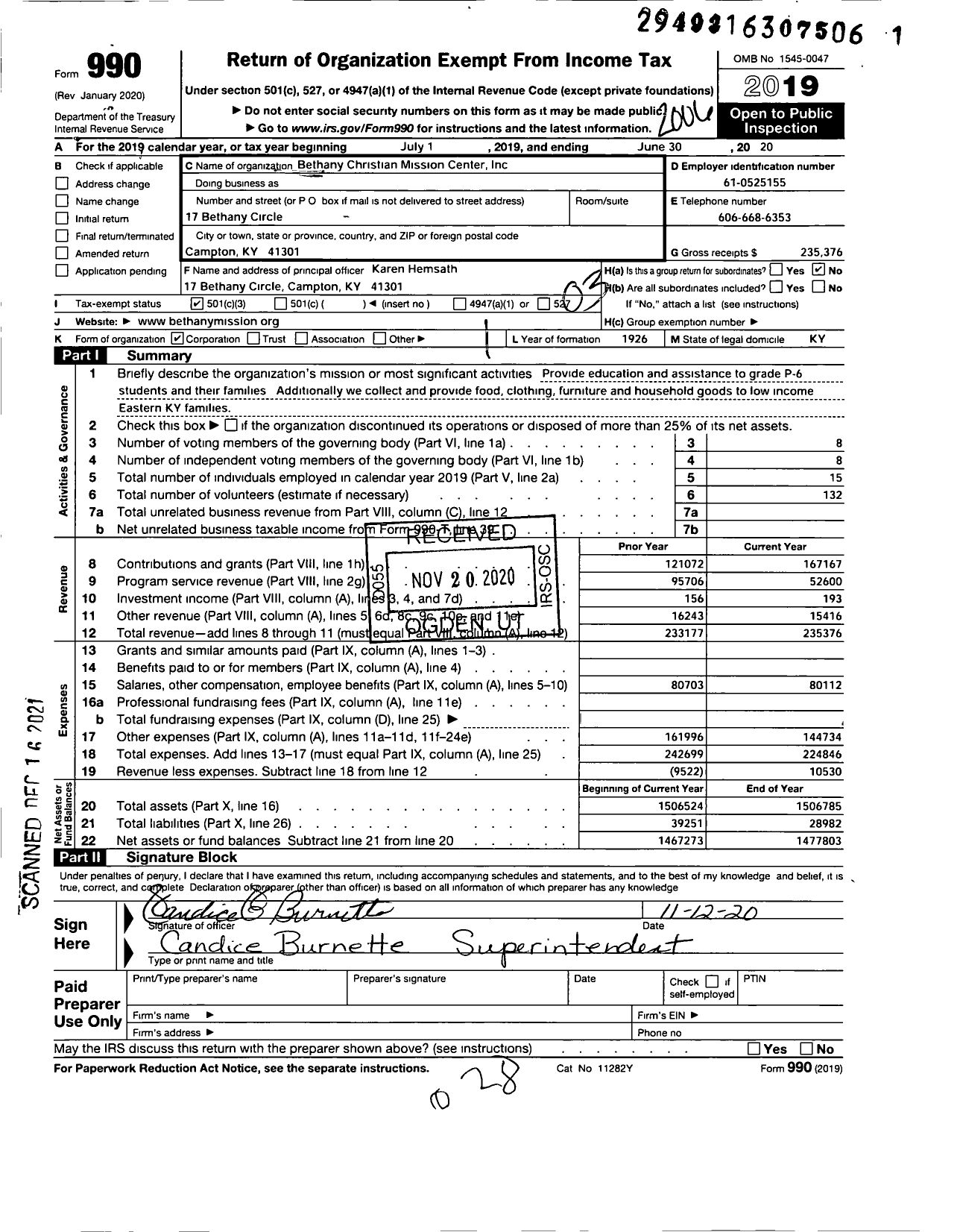 Image of first page of 2019 Form 990 for Bethany Christian Mission Center