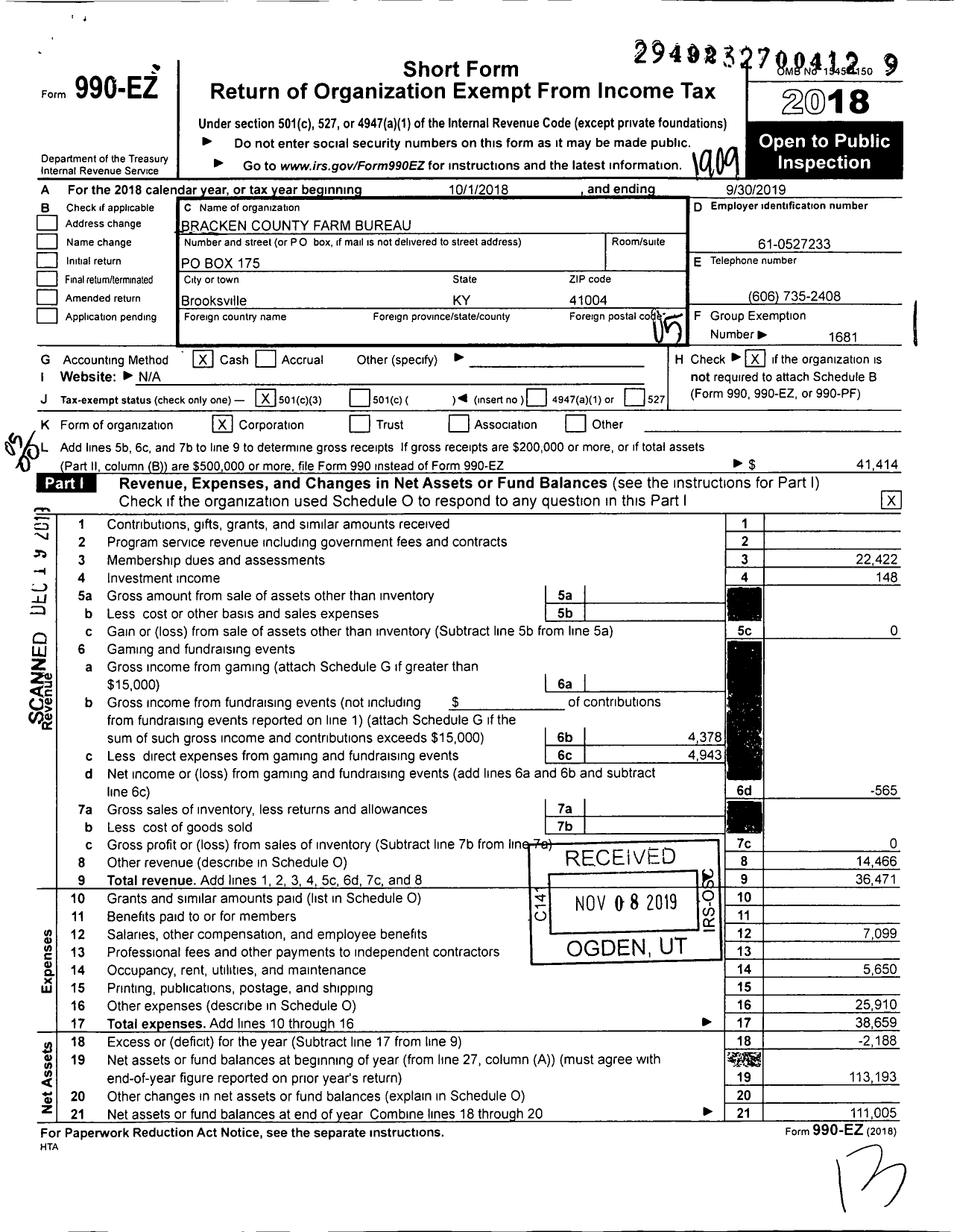 Image of first page of 2018 Form 990EO for Kentucky Farm Bureau Federation - Bracken County Farm Bureau