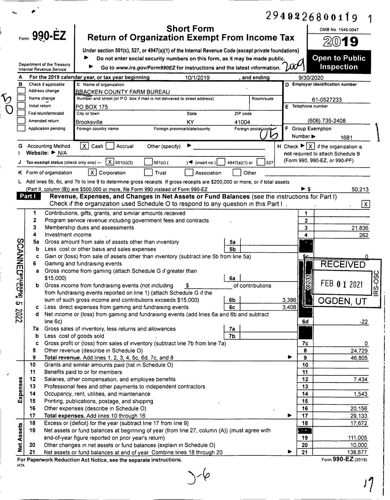 Image of first page of 2019 Form 990EO for Kentucky Farm Bureau Federation - Bracken County Farm Bureau