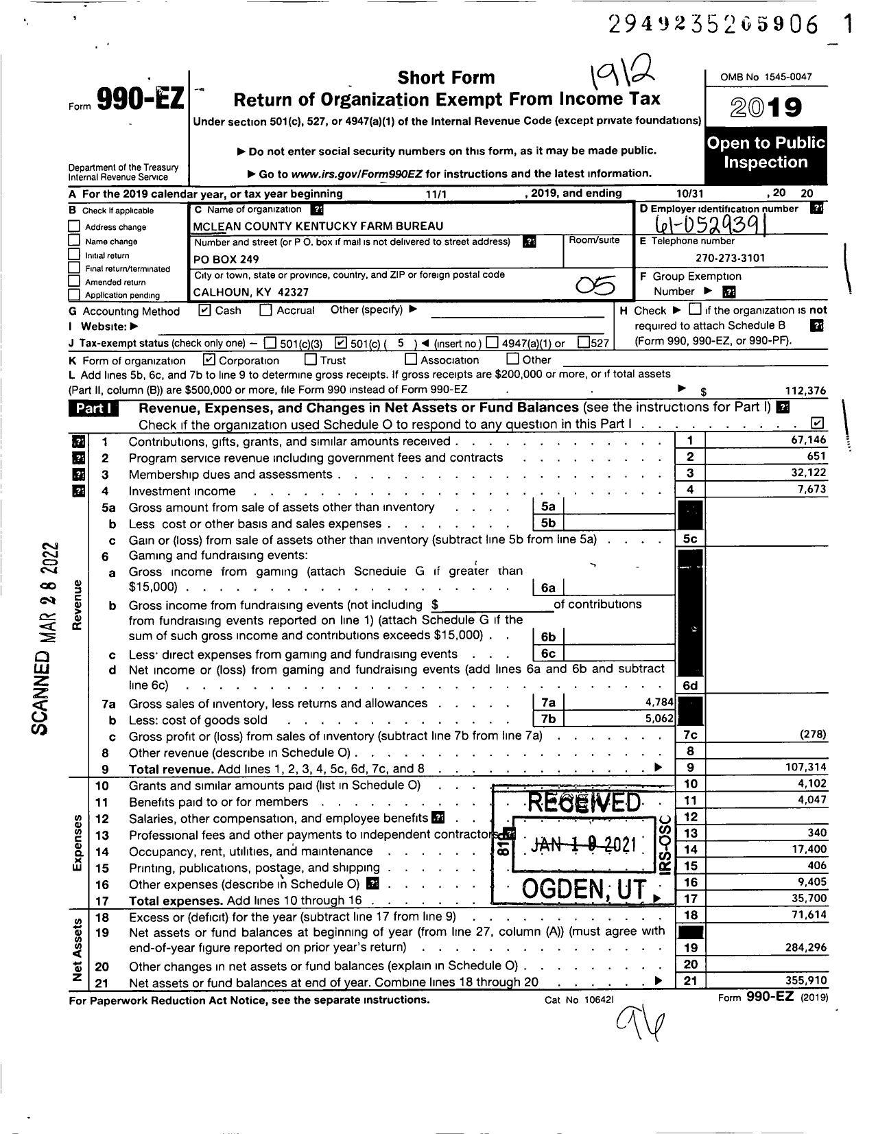 Image of first page of 2019 Form 990EO for Kentucky Farm Bureau Federation - Mclean County Farm Bureau