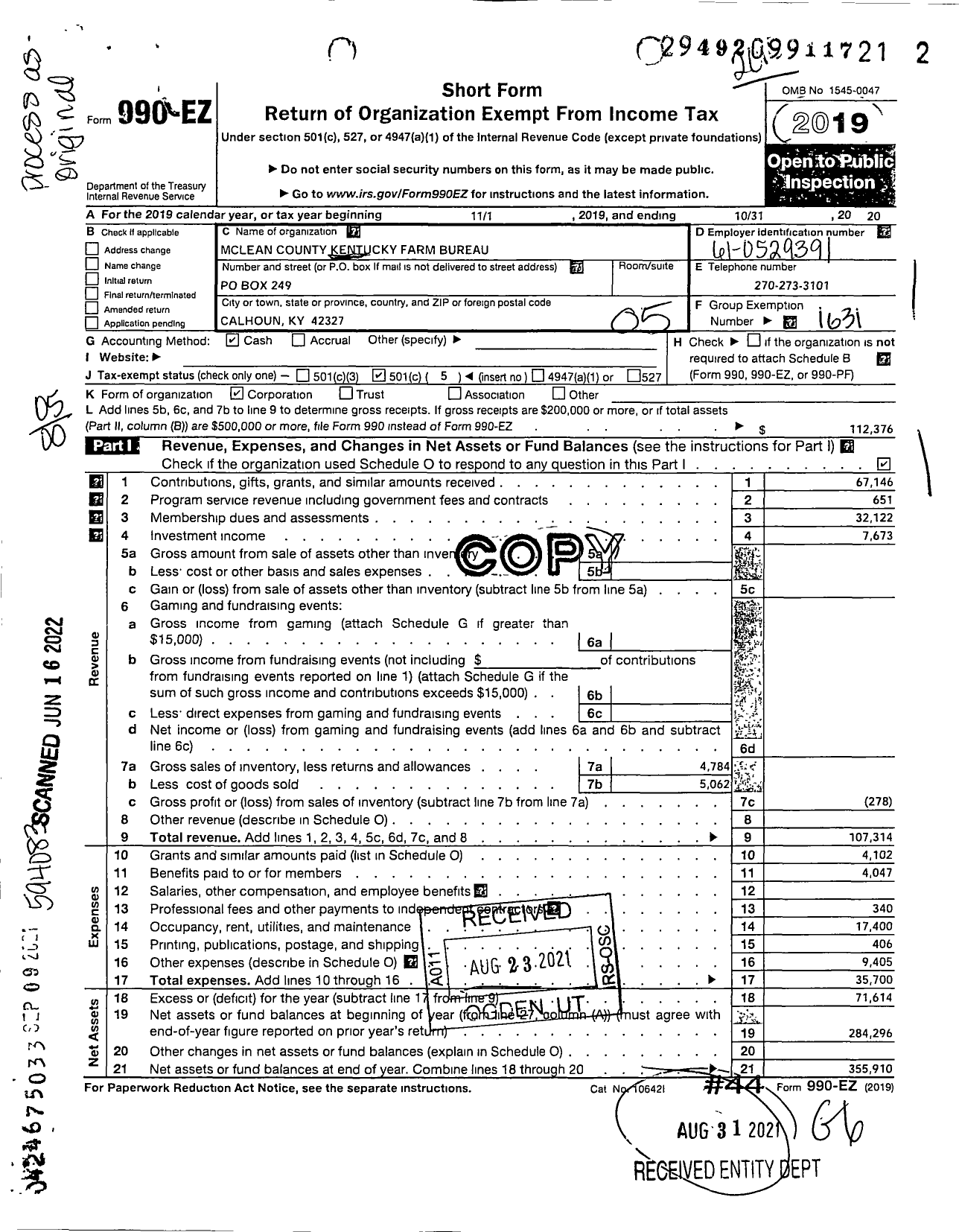 Image of first page of 2019 Form 990EO for Kentucky Farm Bureau Federation - Mclean County Farm Bureau