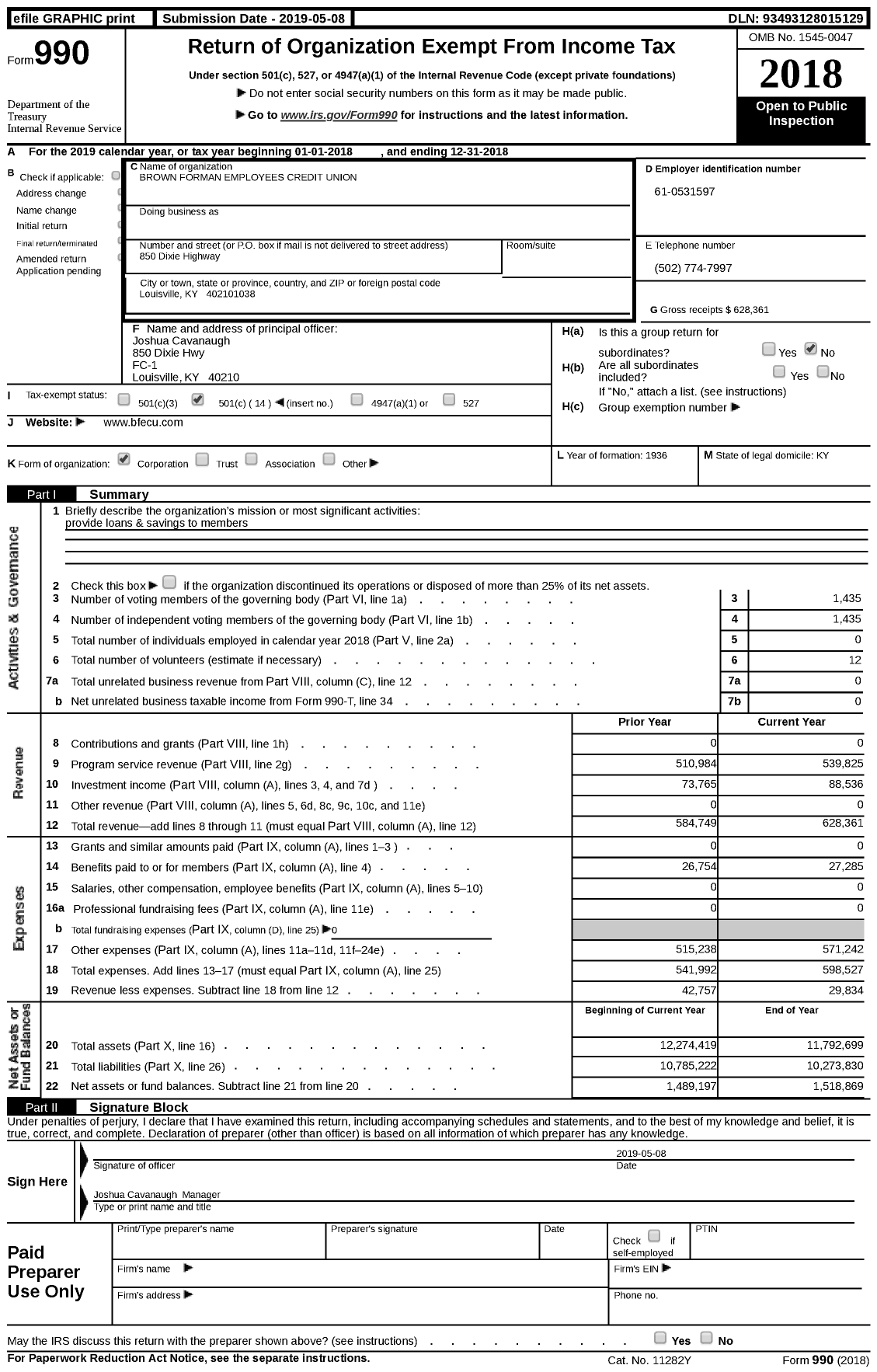 Image of first page of 2018 Form 990 for Brown Forman Employees Credit Union